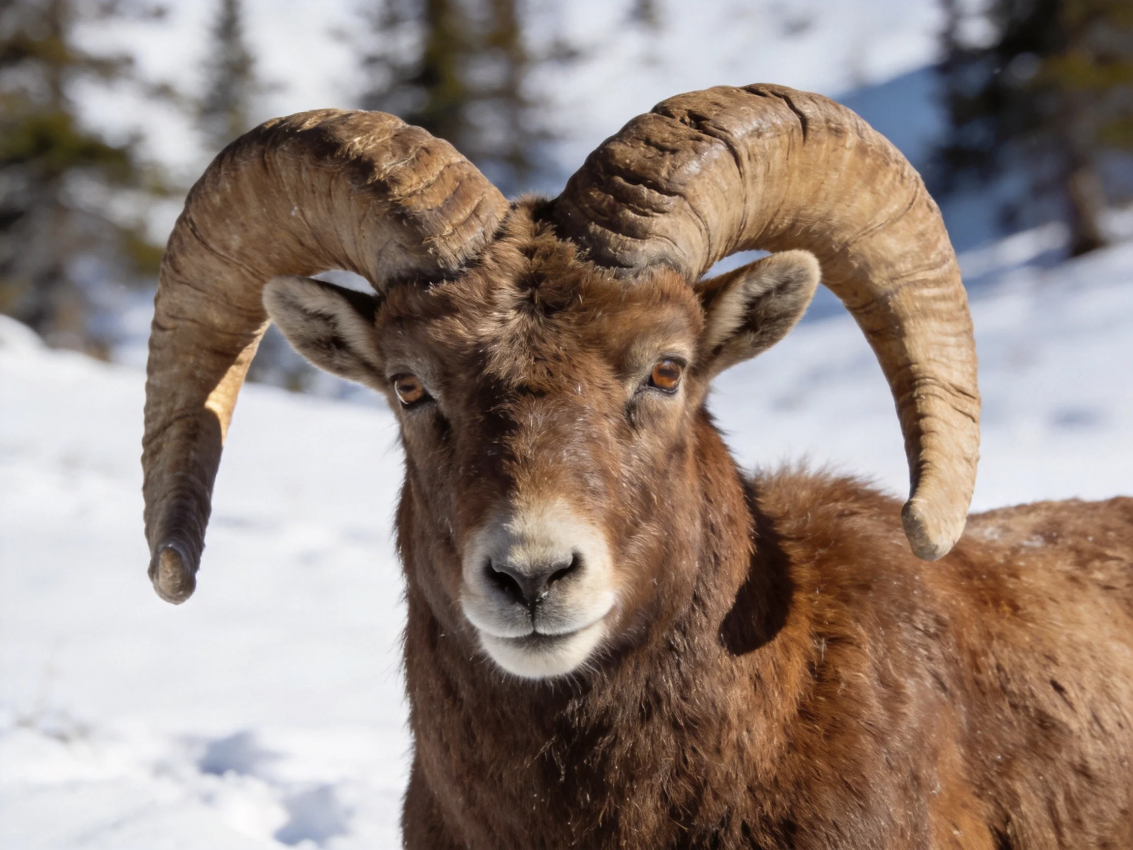 Brown bighorn sheep with large curved horns in snowy terrain