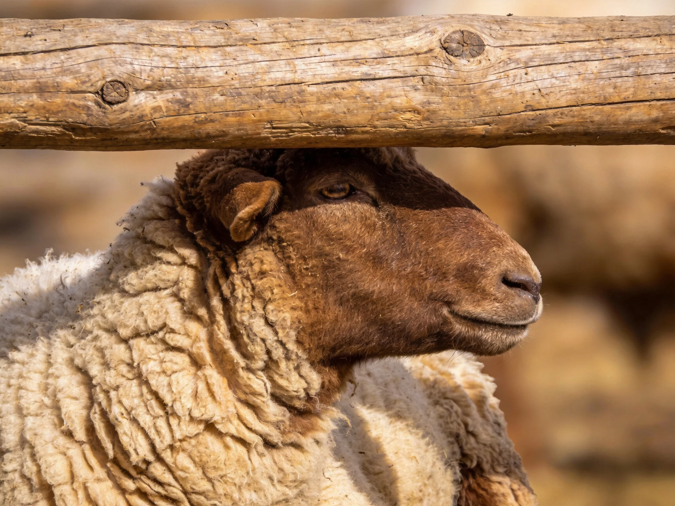 Brown-faced sheep with thick wool beneath a weathered wooden beam.