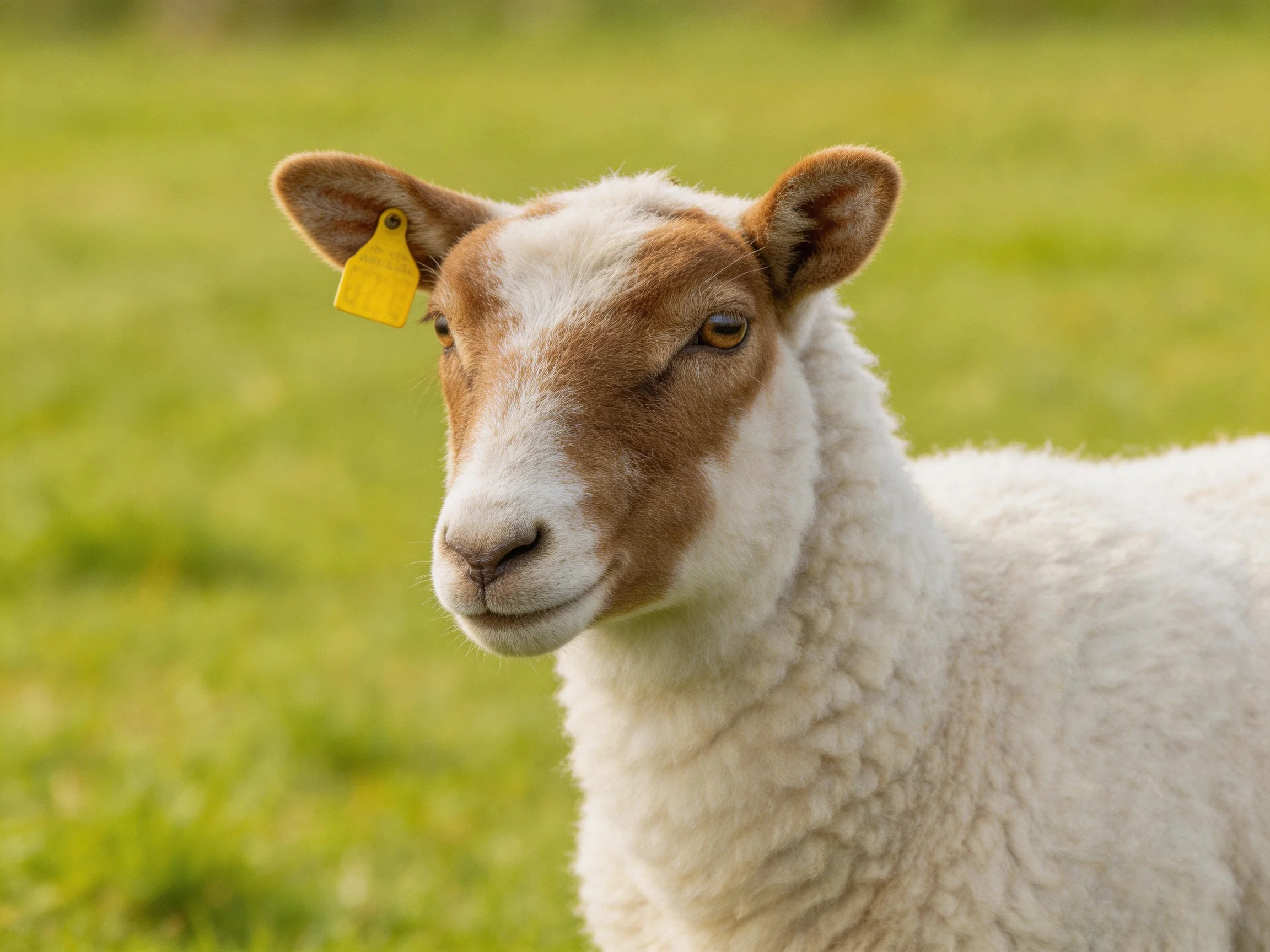 Brown-faced sheep with white wool in green pasture