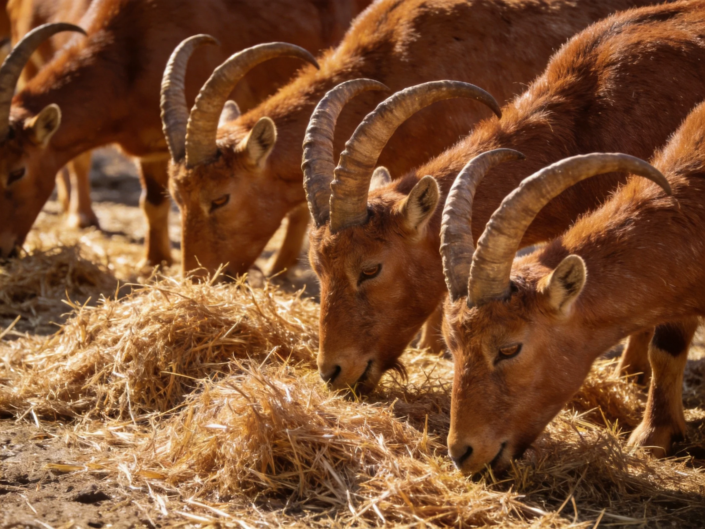 Brown goats with curved horns graze on golden straw.