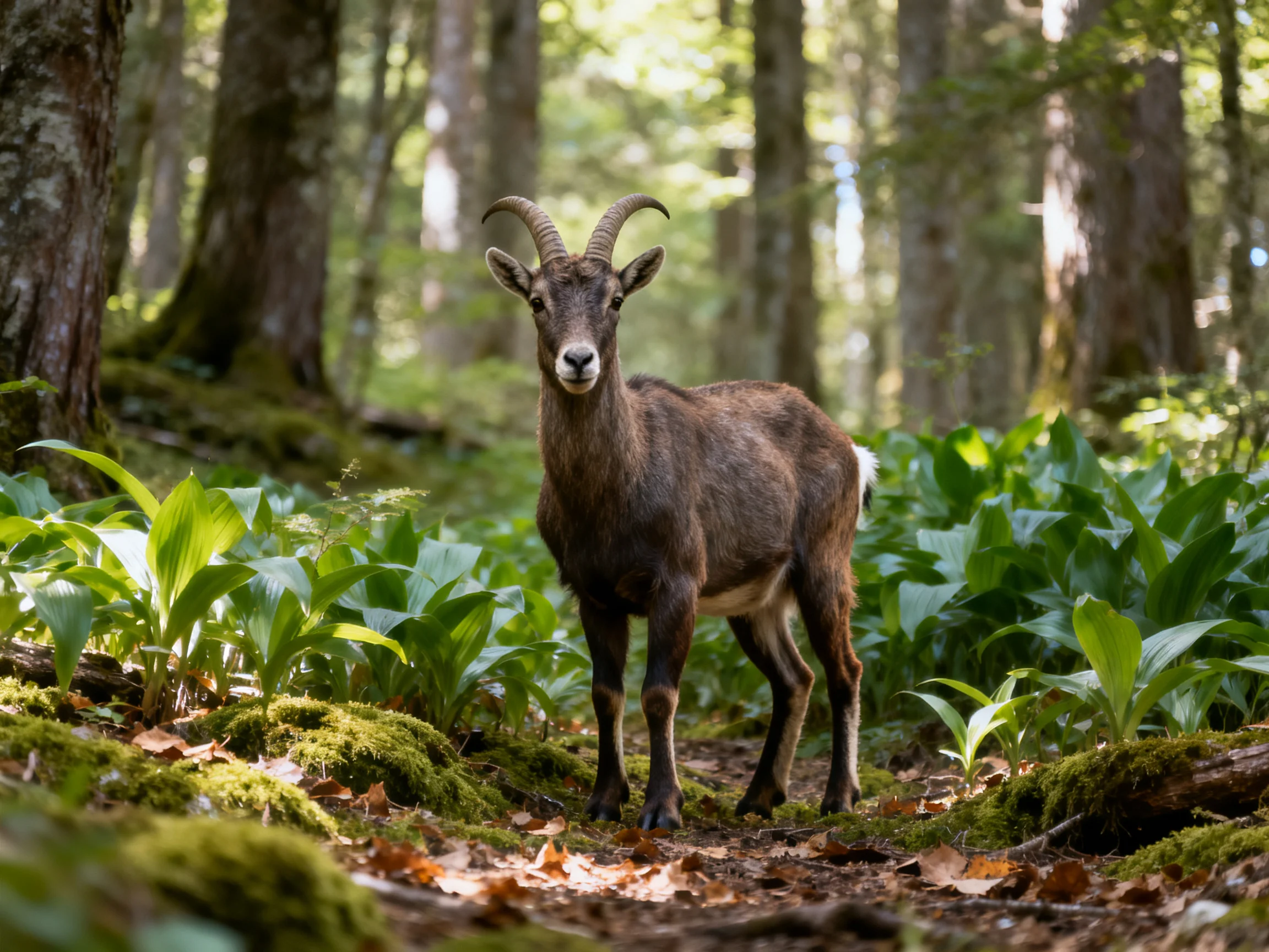 Brown horned animal in sunlit forest with lush greenery