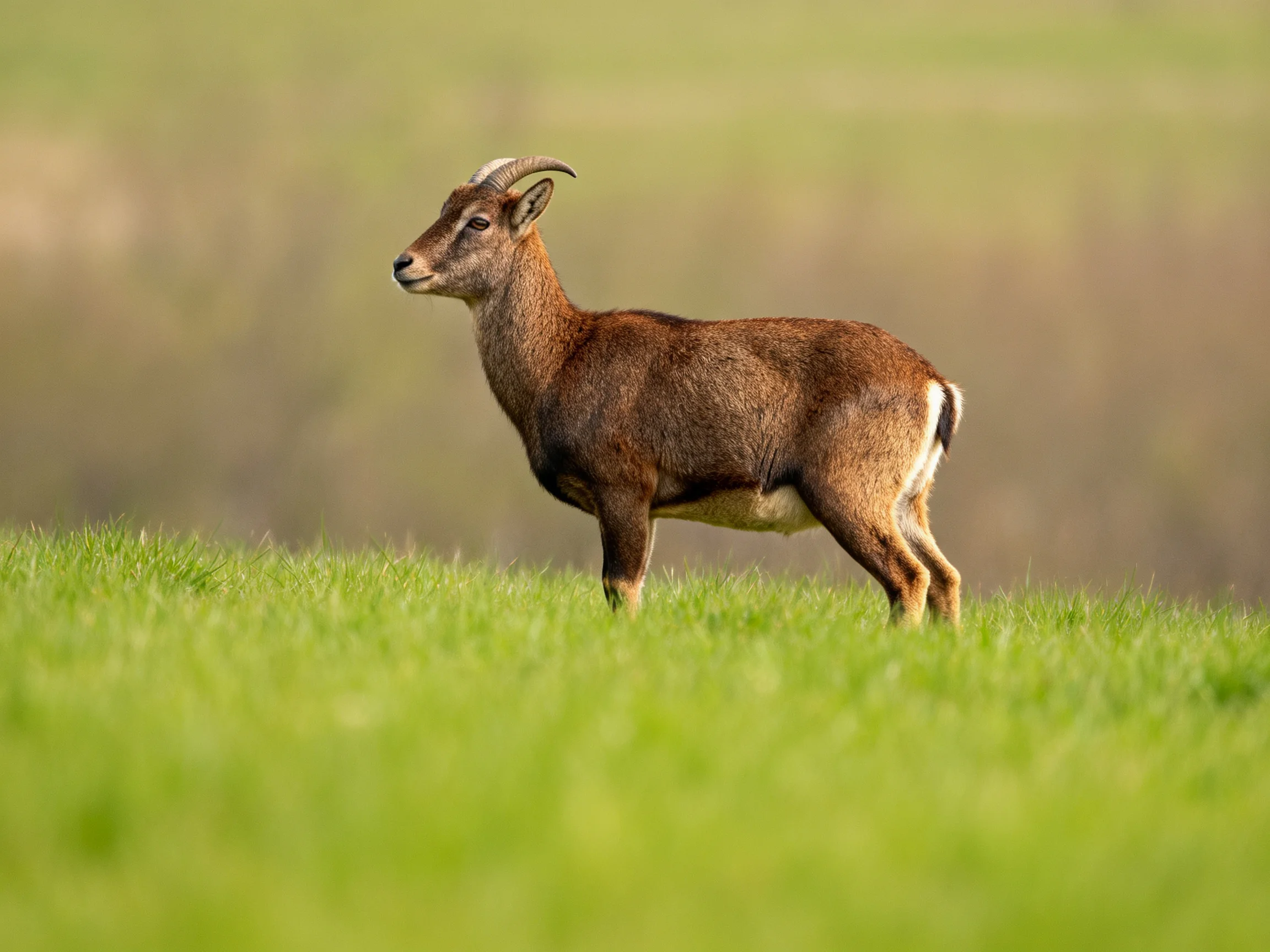 Brown-horned goat on lush green grass with blurred natural backdrop