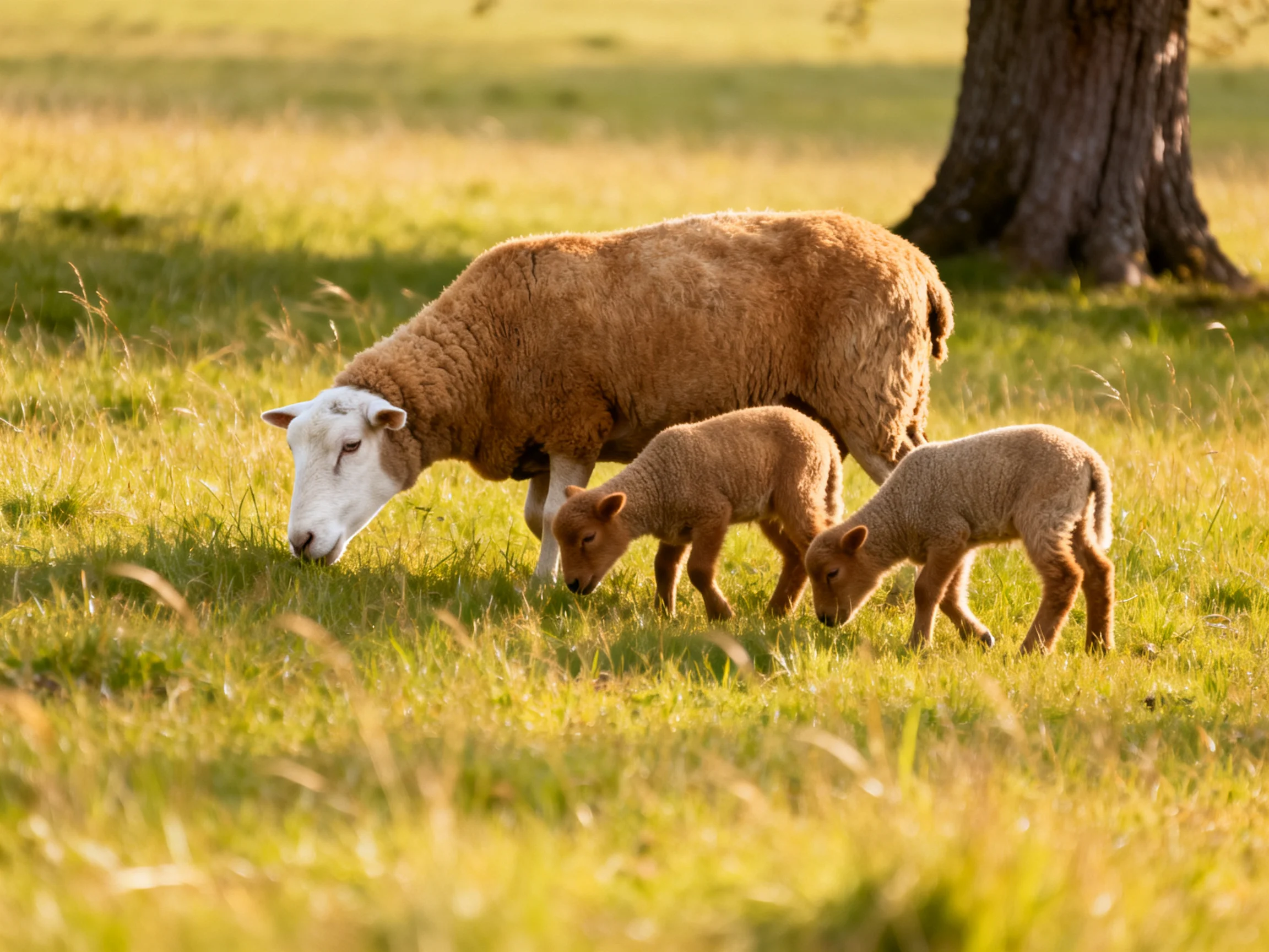 Brown sheep and lambs graze in sunlit grassy field