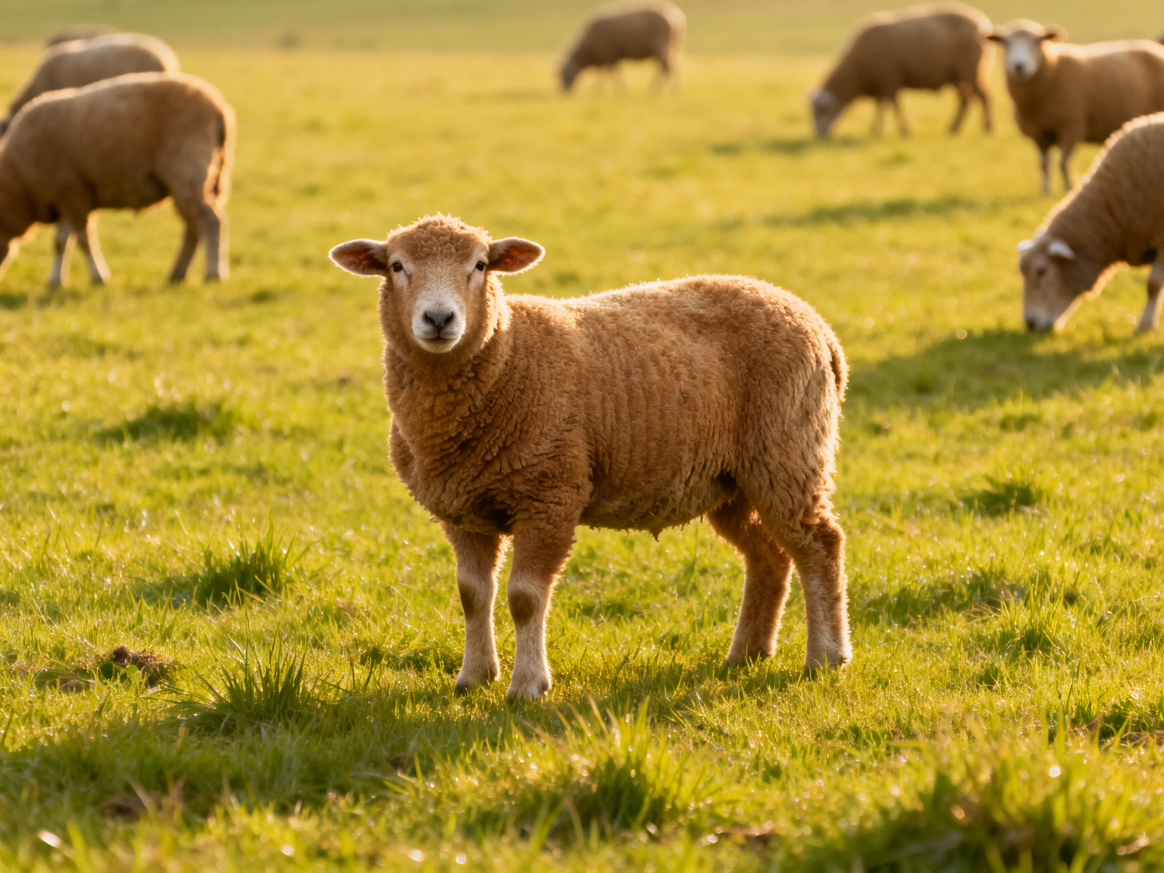Brown sheep in a sunlit green pasture with fellow sheep