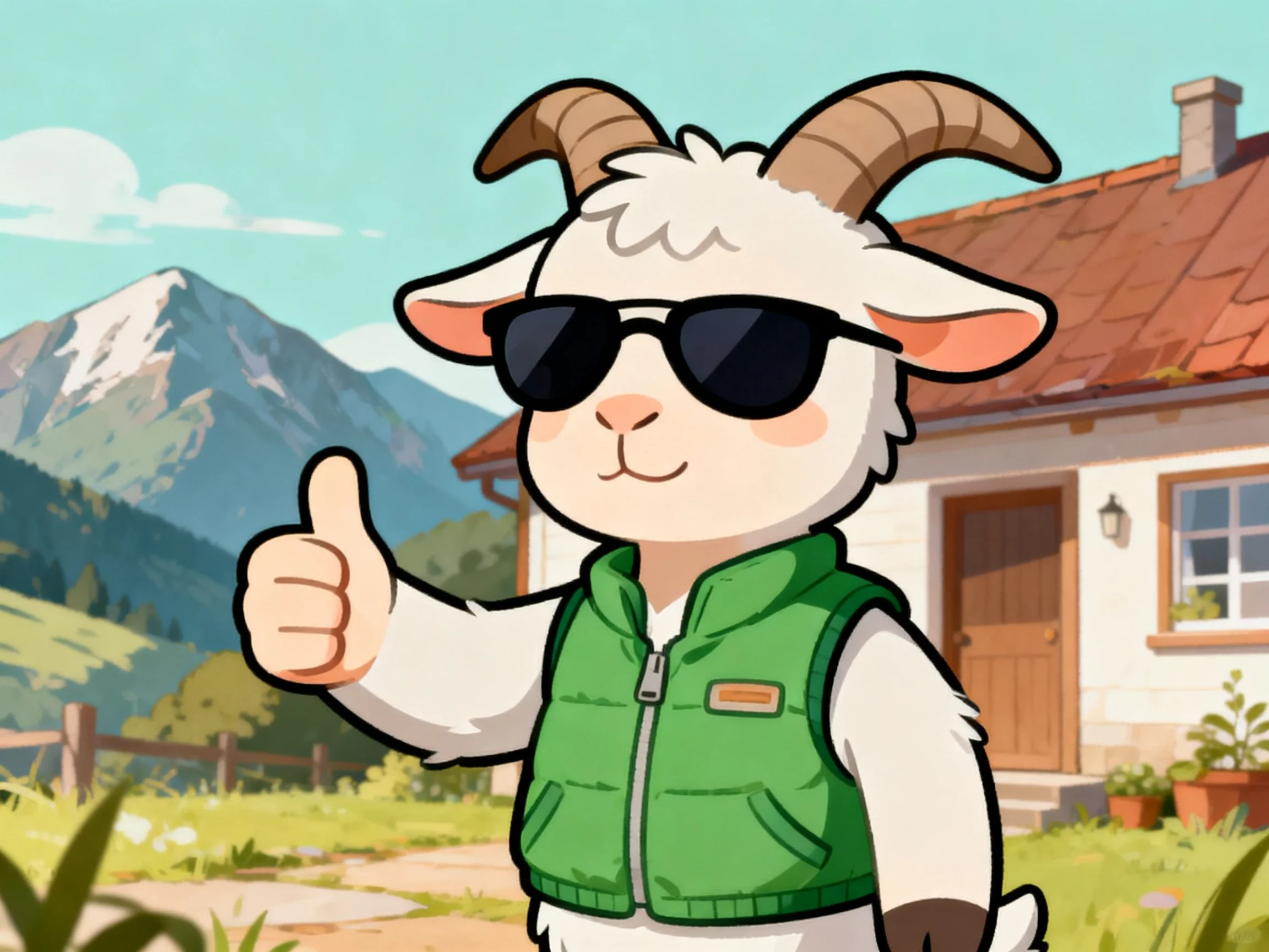 Cartoon goat in sunglasses gives thumbs-up near country cottage