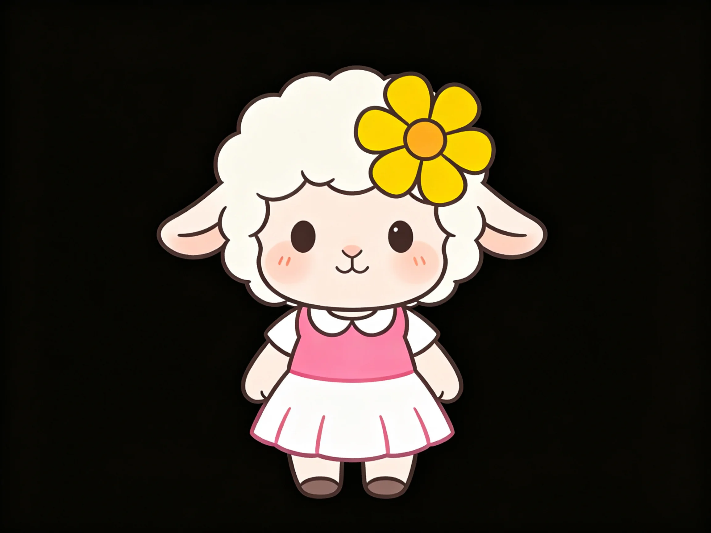 Cartoon sheep character in pink dress with yellow flower