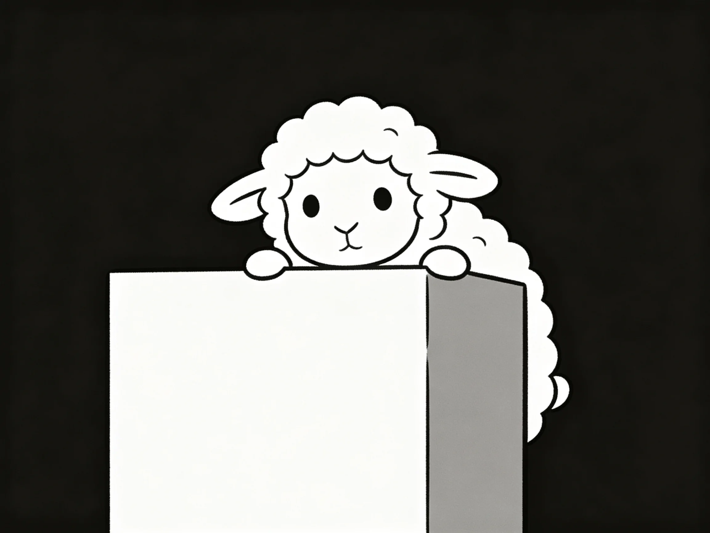 Cartoon sheep peeks over white and gray box on black background