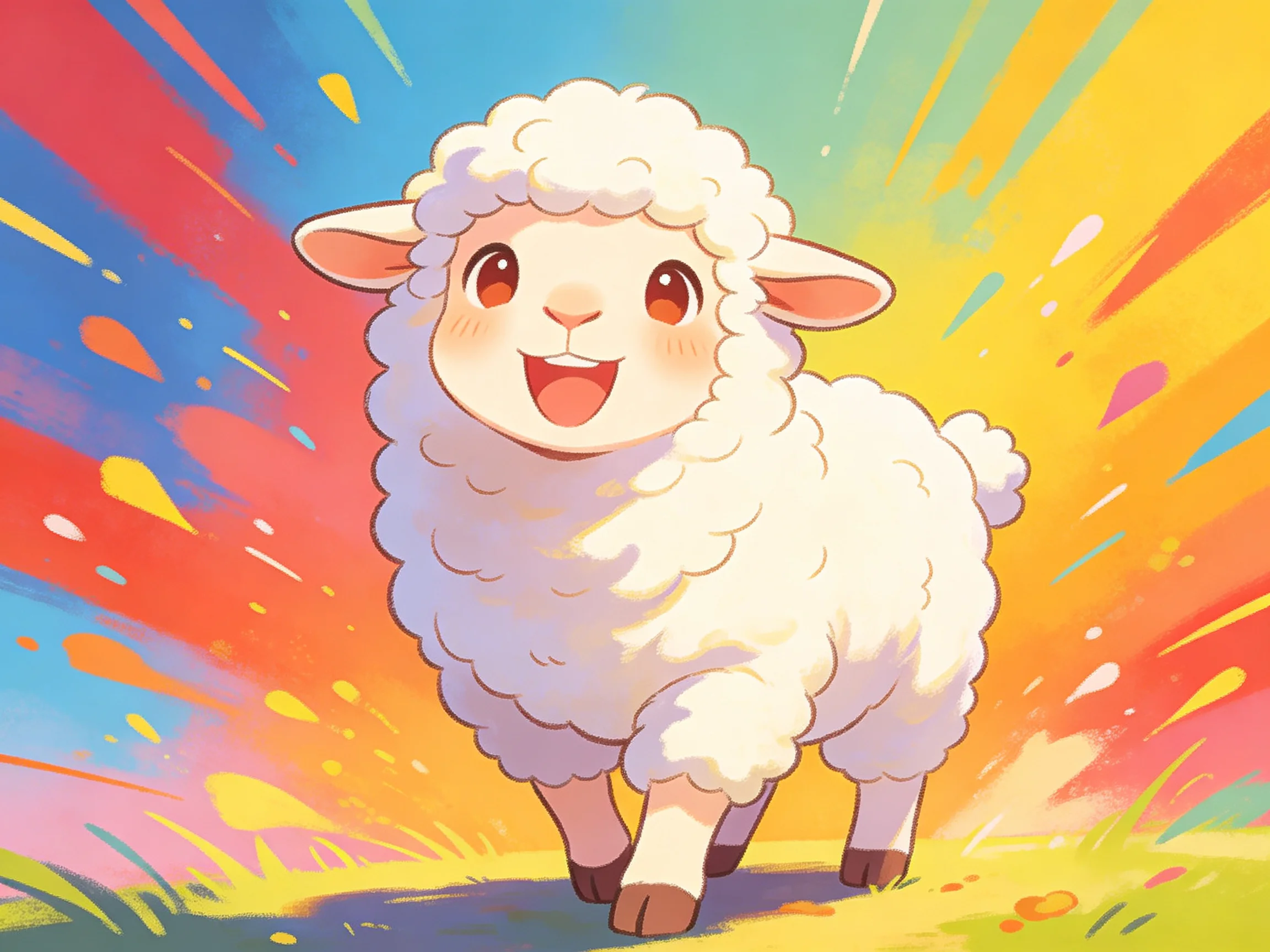 Cartoon sheep with fluffy white coat on vibrant multicolor burst background