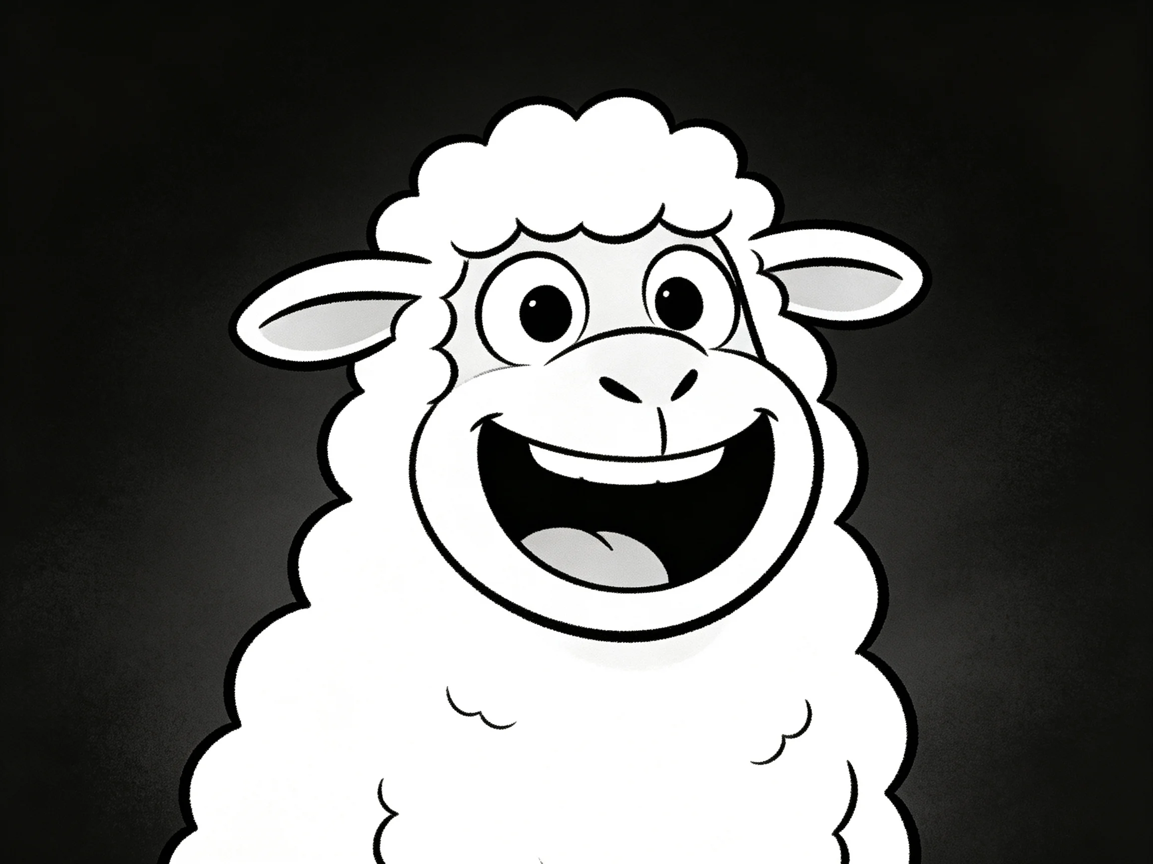 Cartoon sheep with fluffy white wool, large eyes, open mouth, dark background