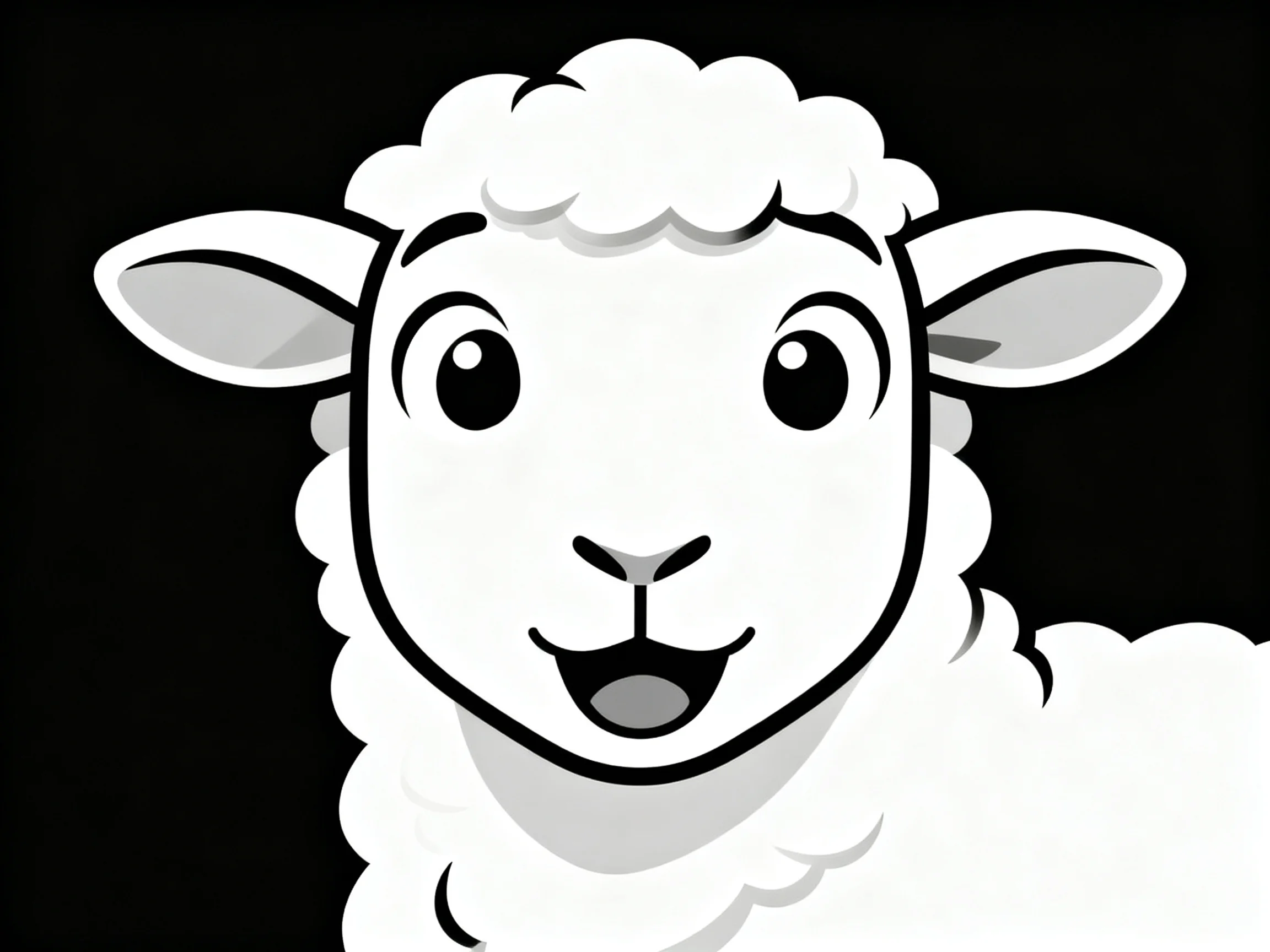 Cartoon sheep with fluffy white wool on solid black background