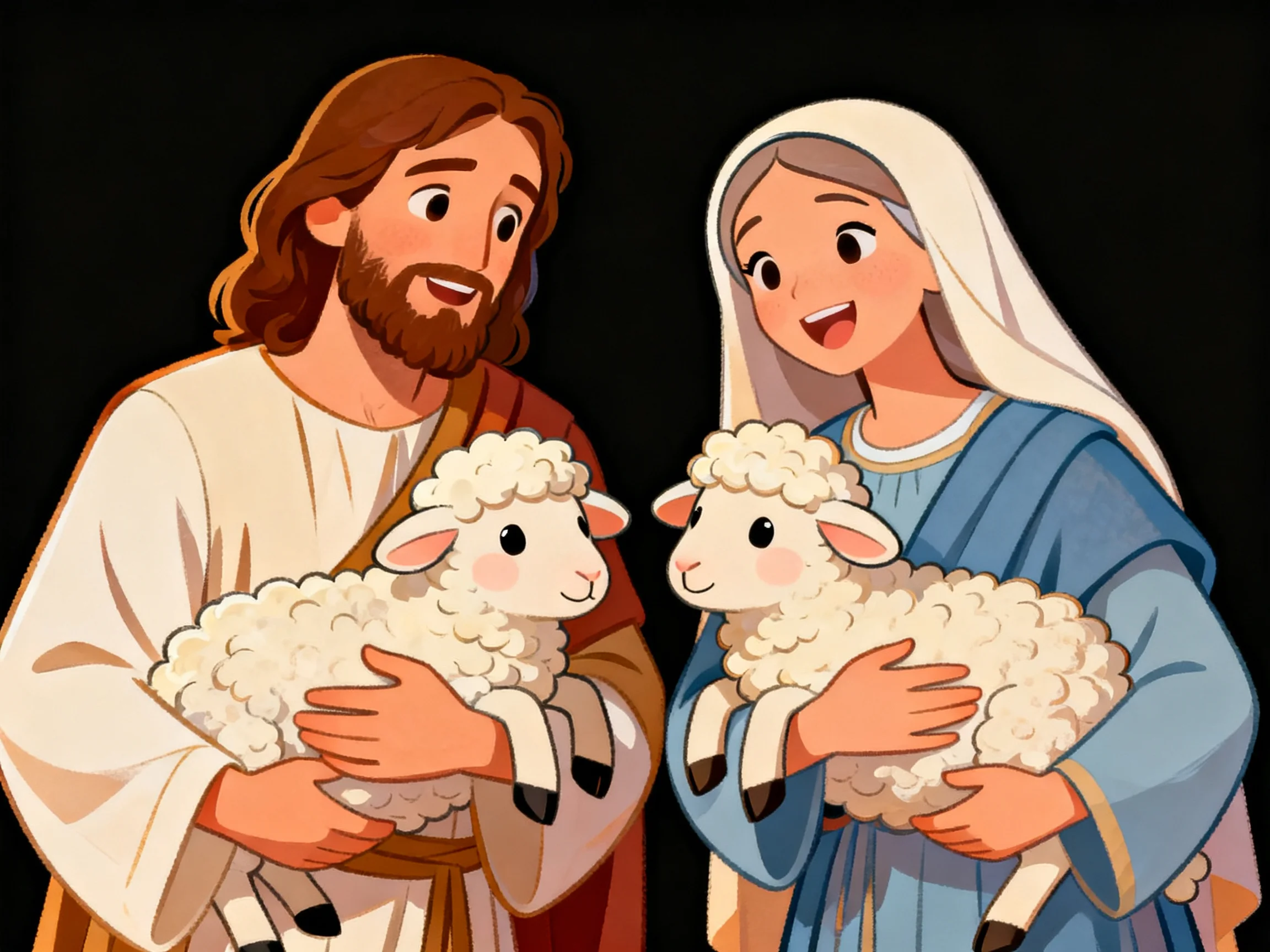 Cartoon-style figures holding two fluffy white lambs