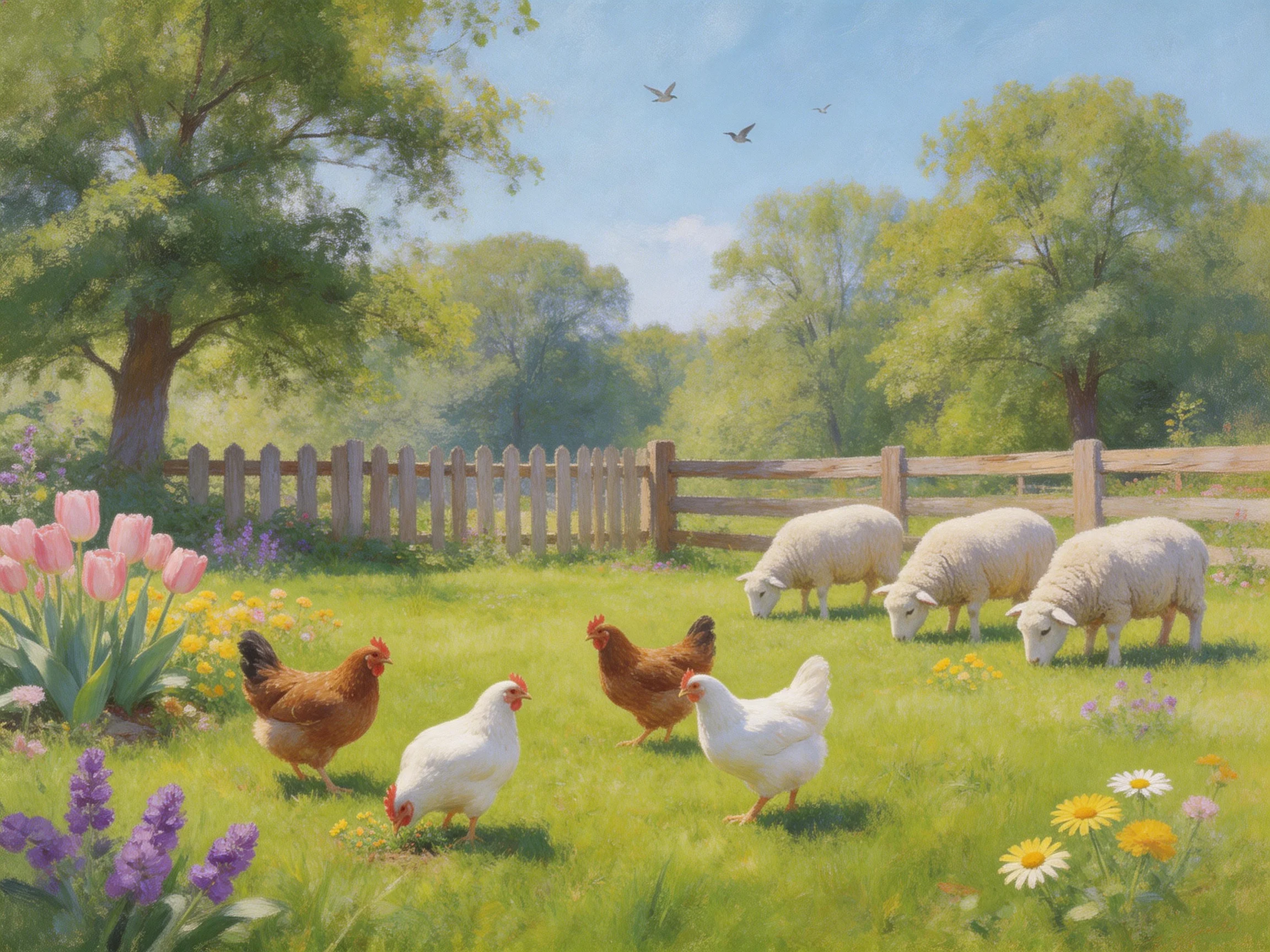 Chickens and sheep graze in a flower-filled farmyard