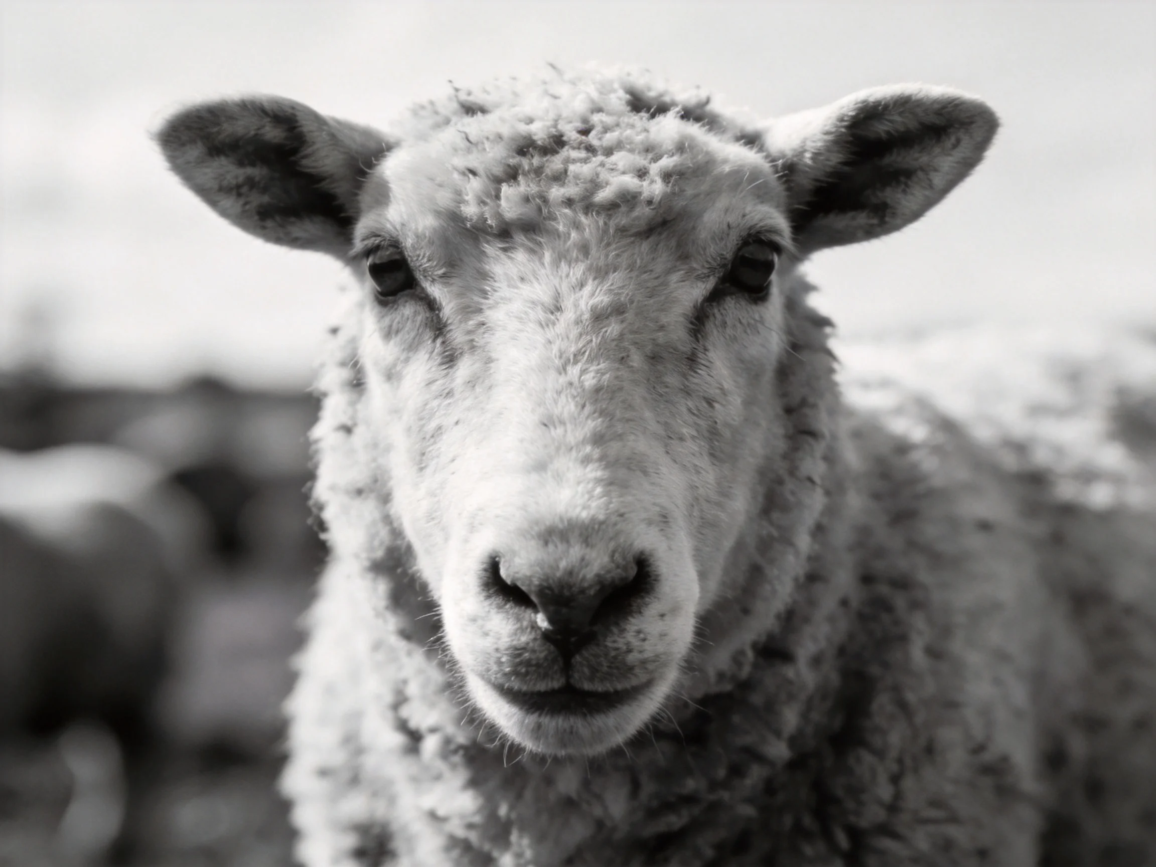 Close-up black-and-white portrait of a sheep with thick wool