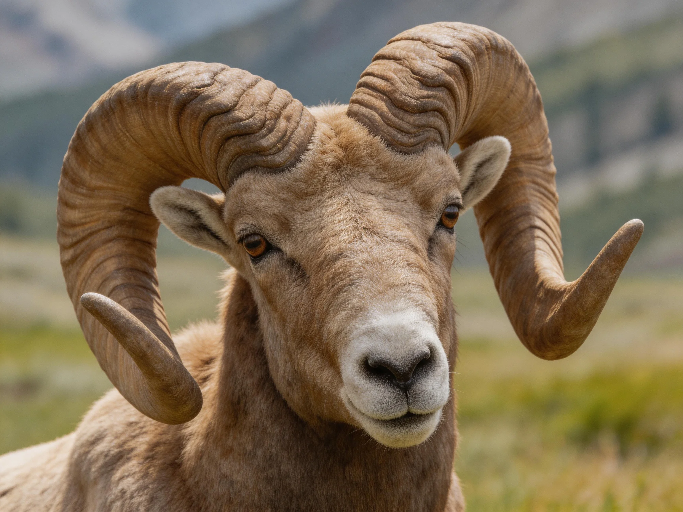 Close-up of a brown bighorn sheep with large curved horns
