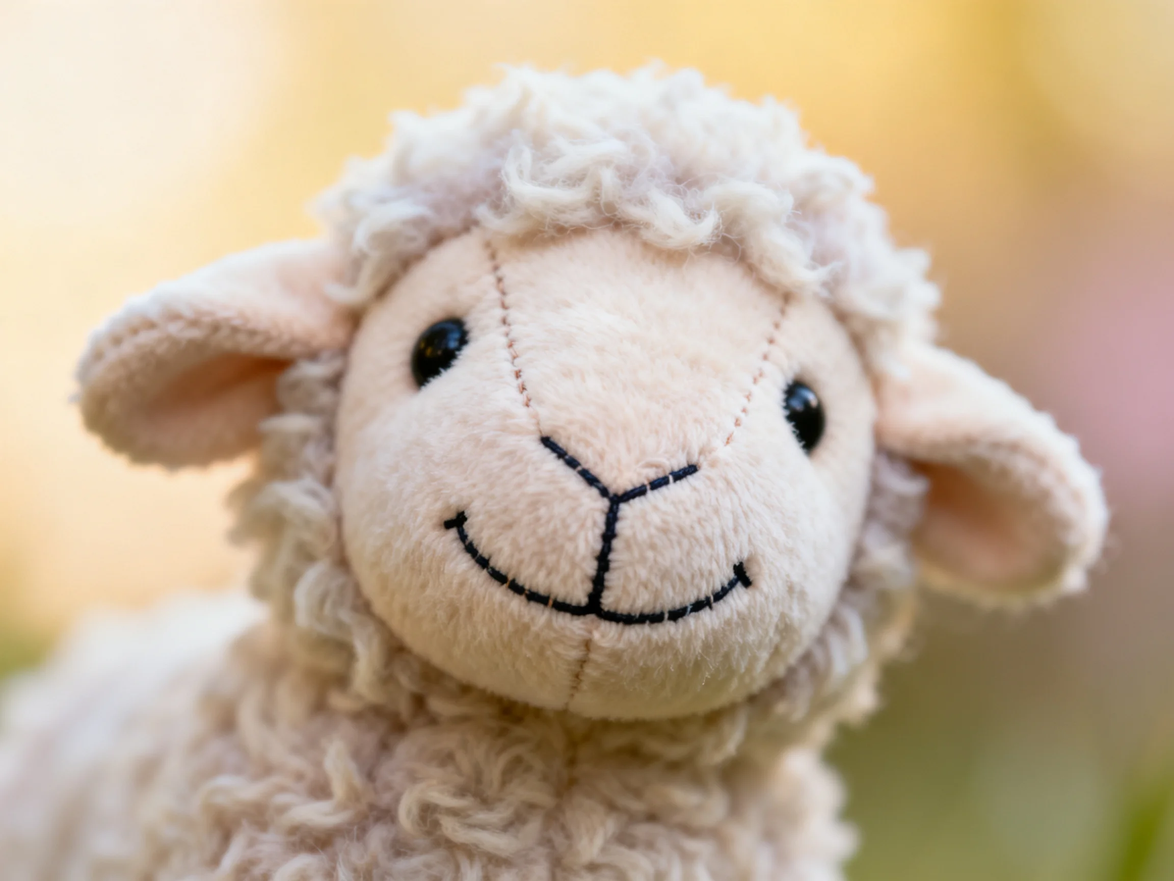 Close - up of a plush sheep toy with curly white wool