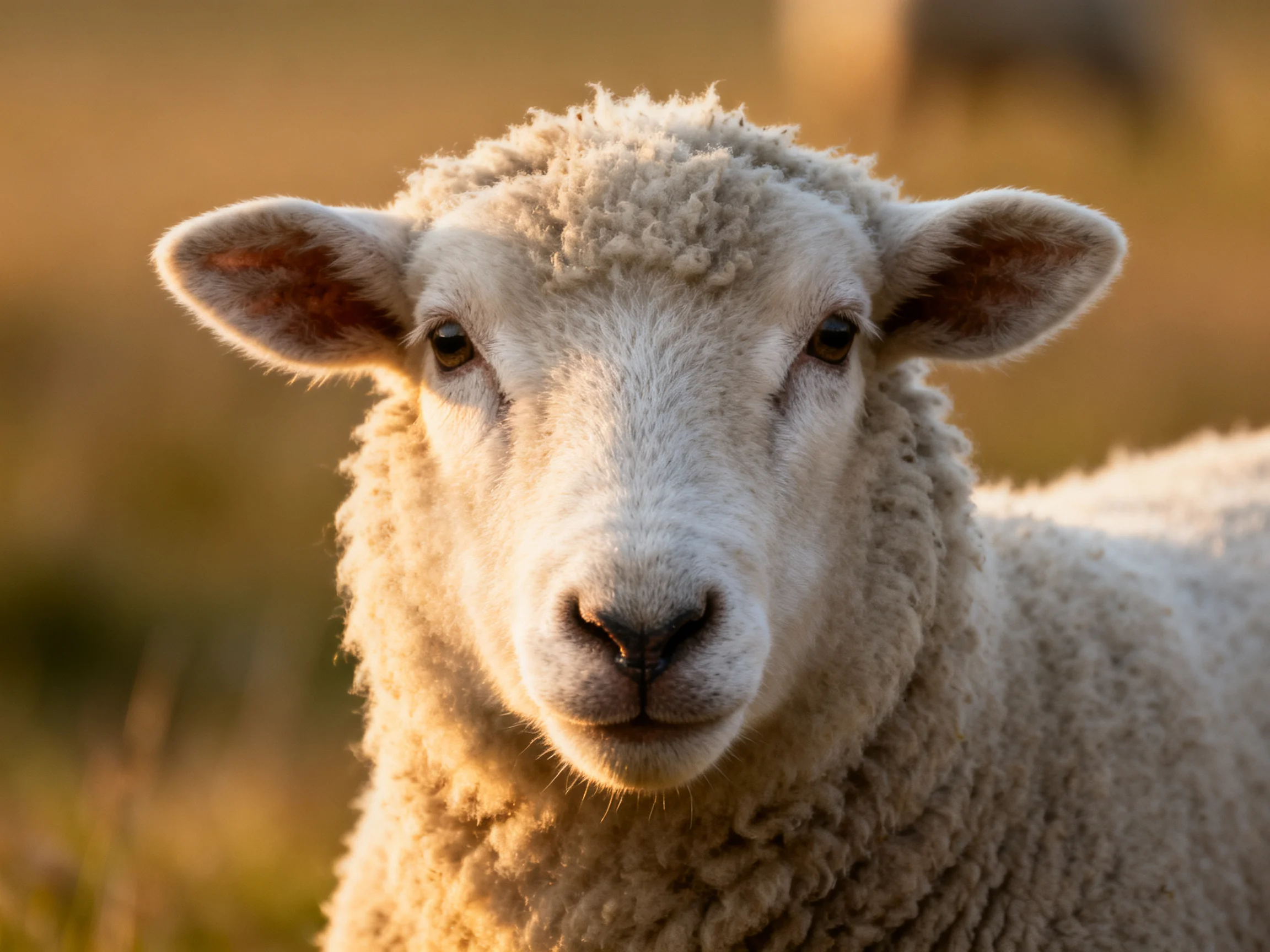 Close-up of a sheep with thick, creamy wool in golden sunlight