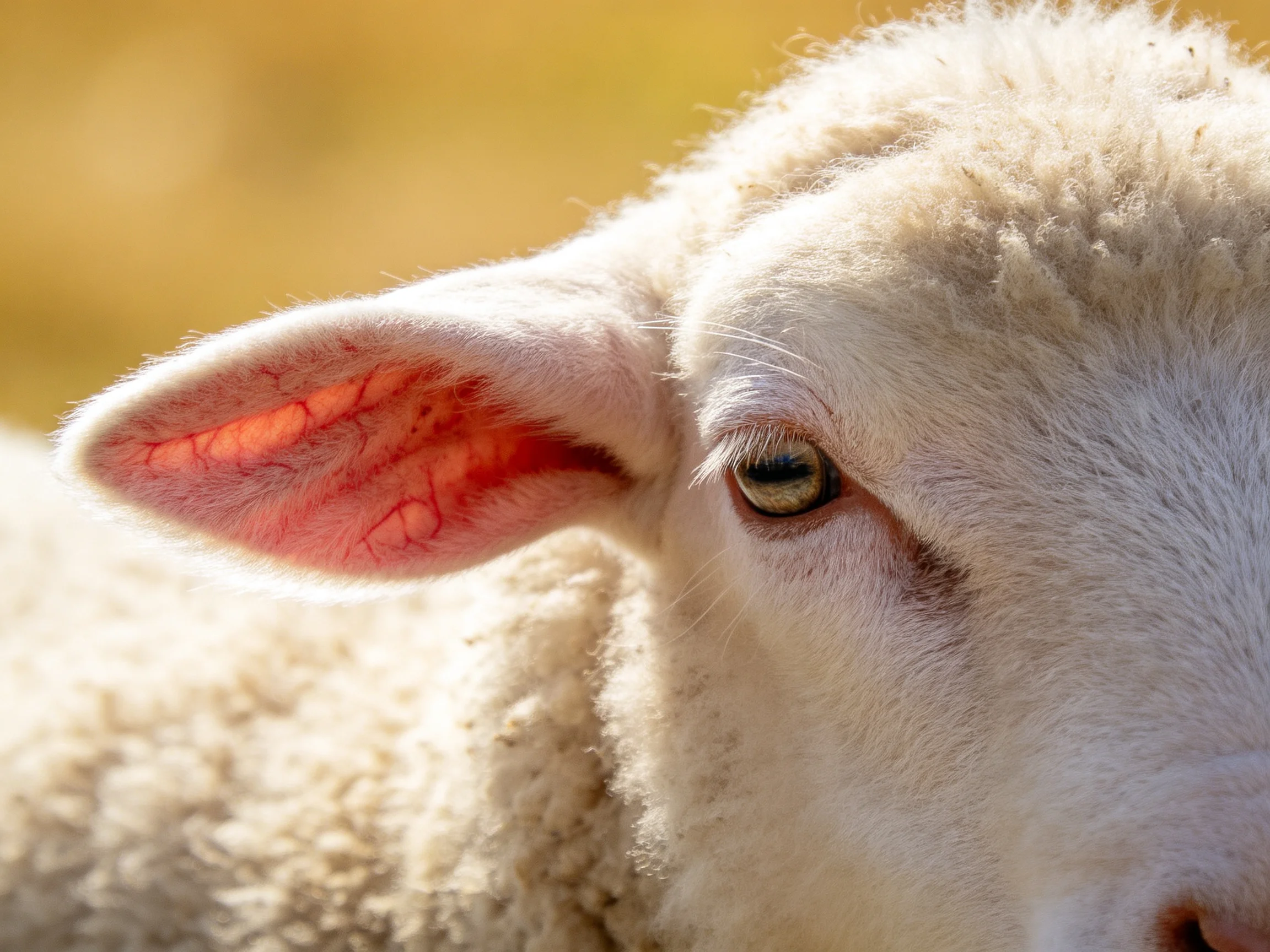 Close - up of a sheep’s face with fluffy white wool and pink inner ear