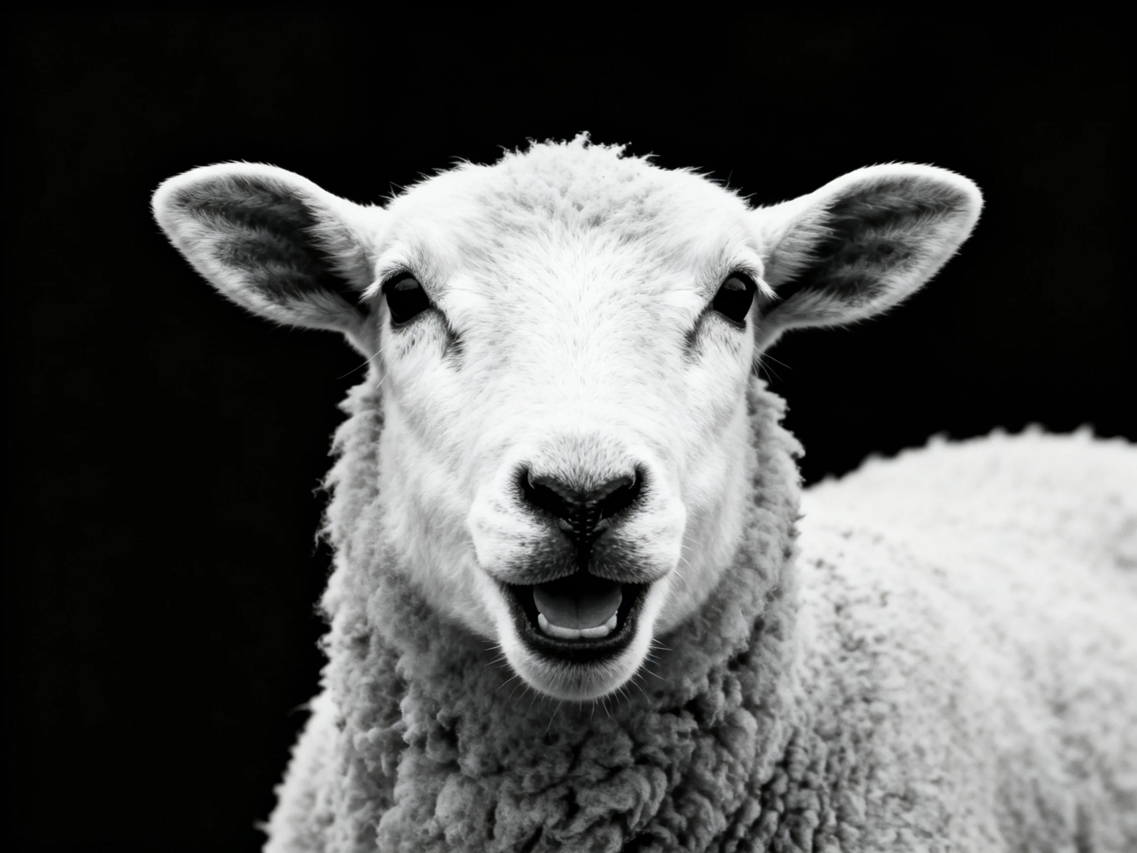 Close-up of sheep with thick, curly wool on black background