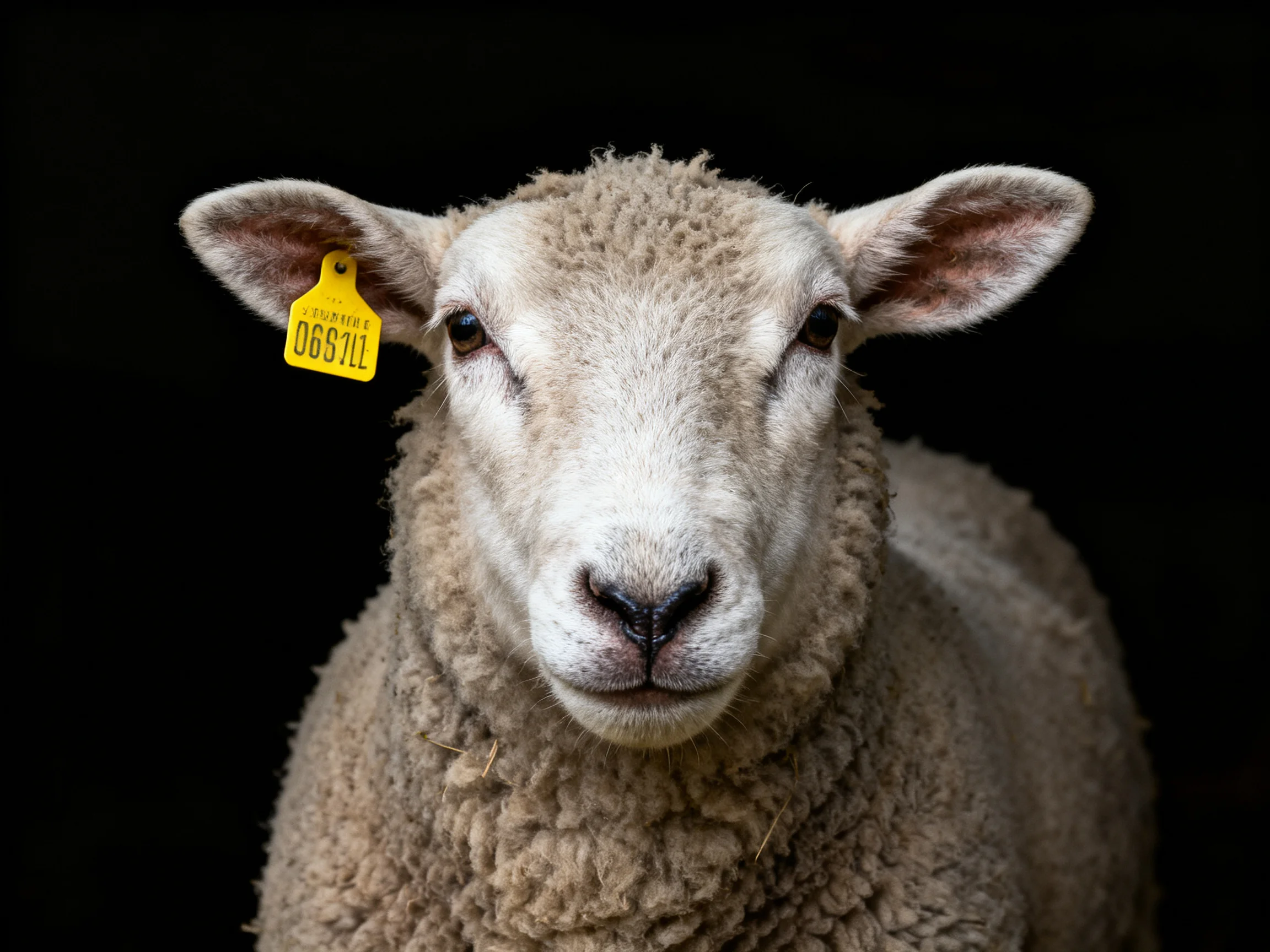 Close-up portrait of a light gray sheep with a yellow ear tag