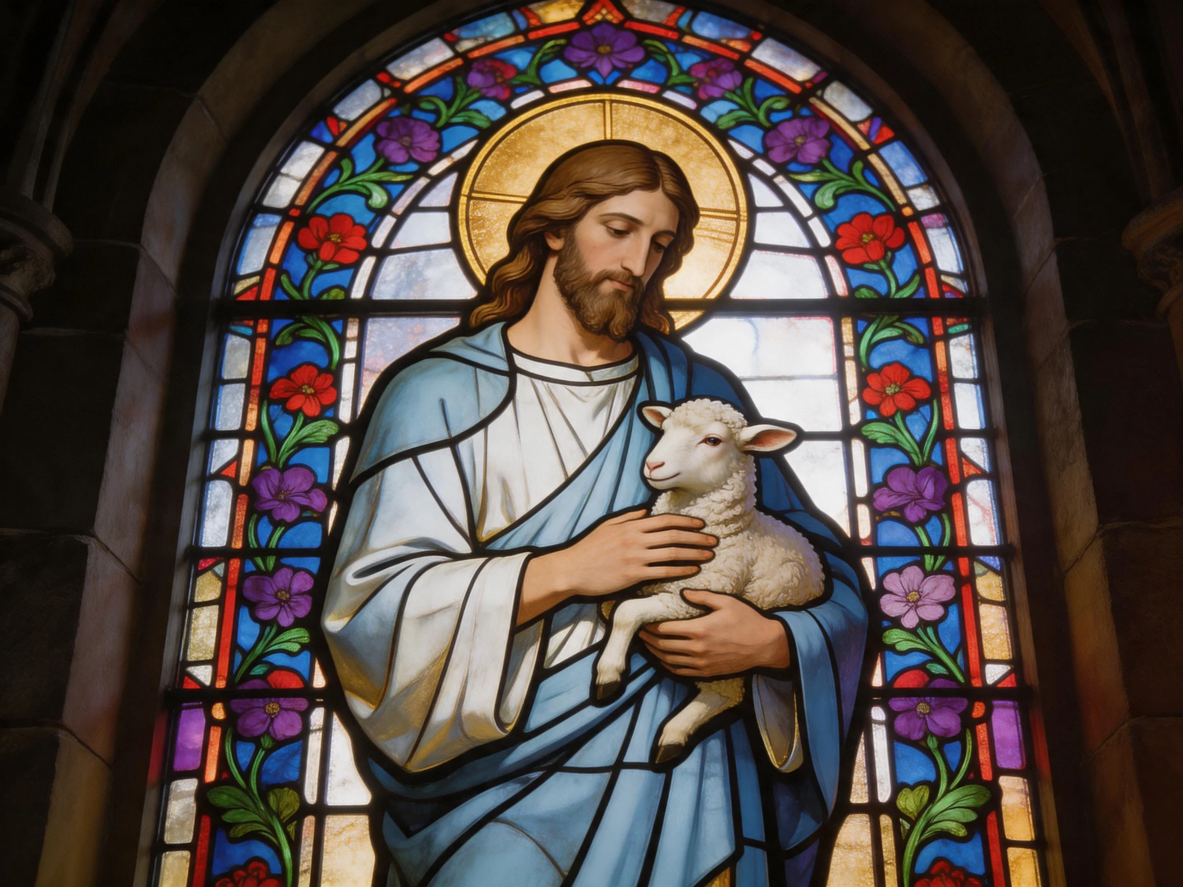 Colorful Stained Glass Portrait of Jesus Holding a Lamb