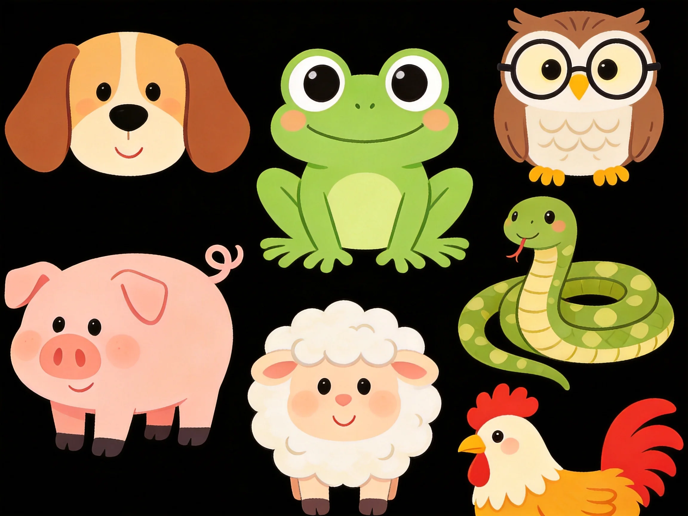 Colorful cartoon animals arranged in a square grid