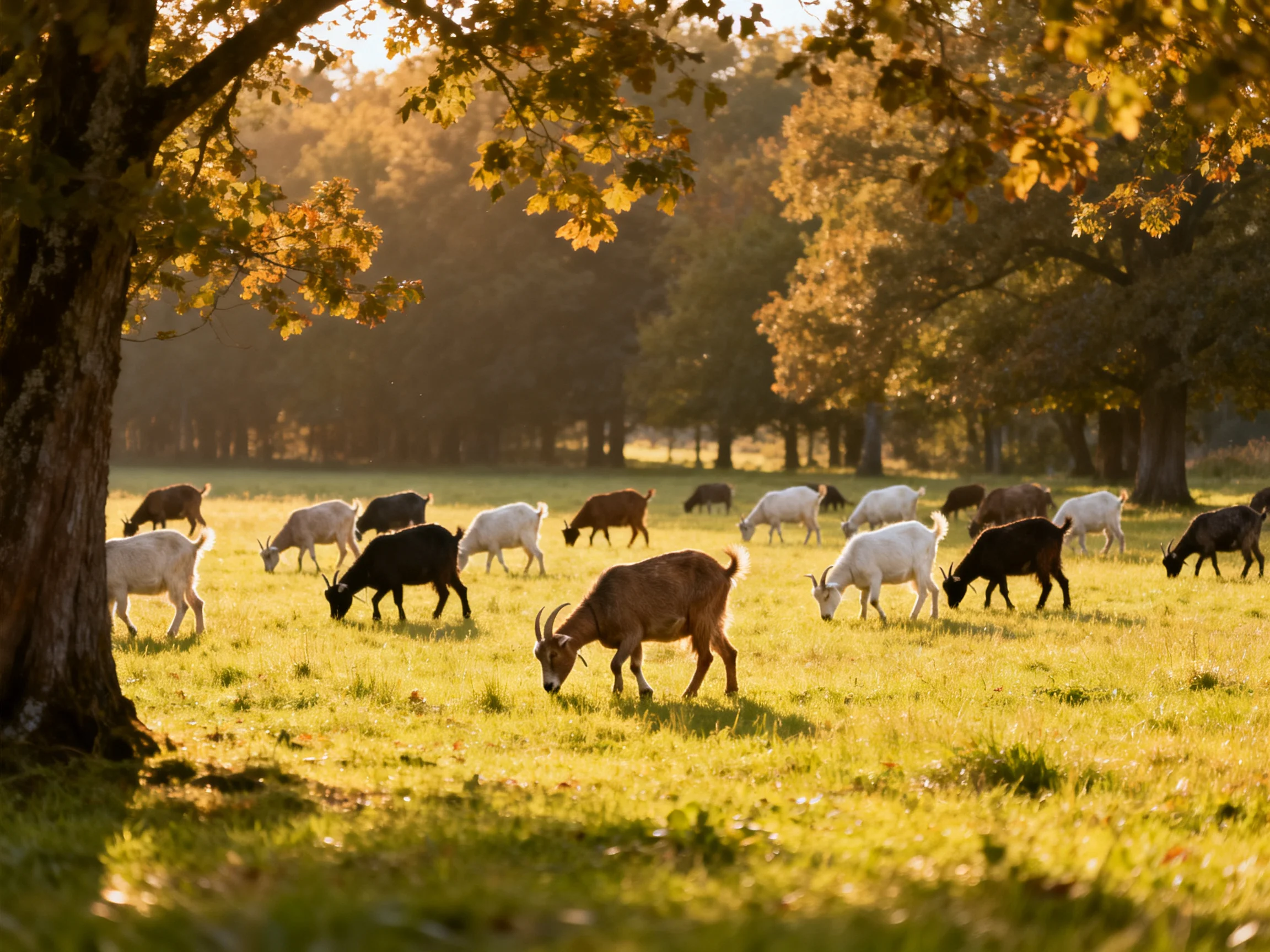 Colorful goats graze in a sunlit grassy field with large trees