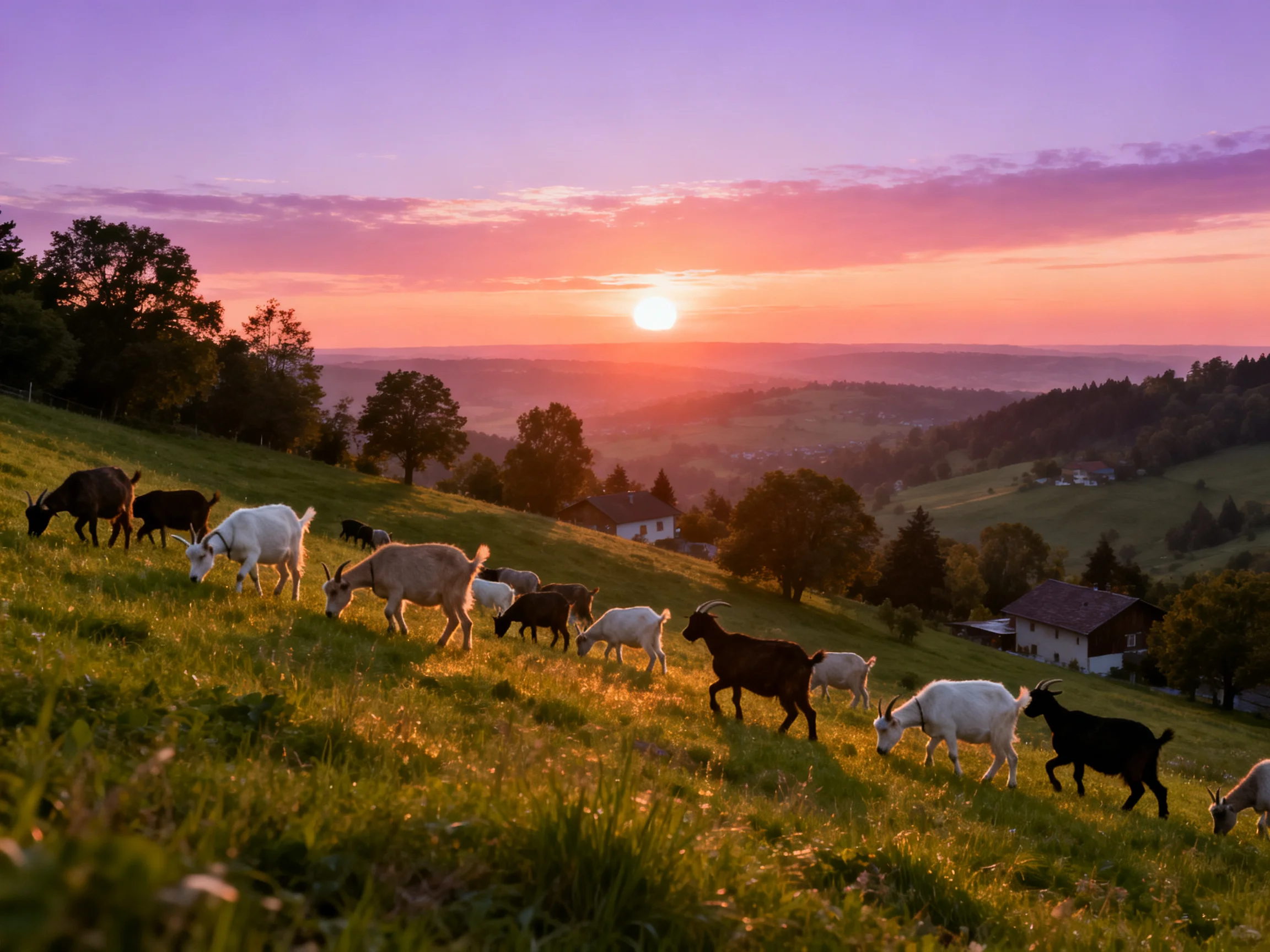Colorful goats herd on grassy hill at sunset