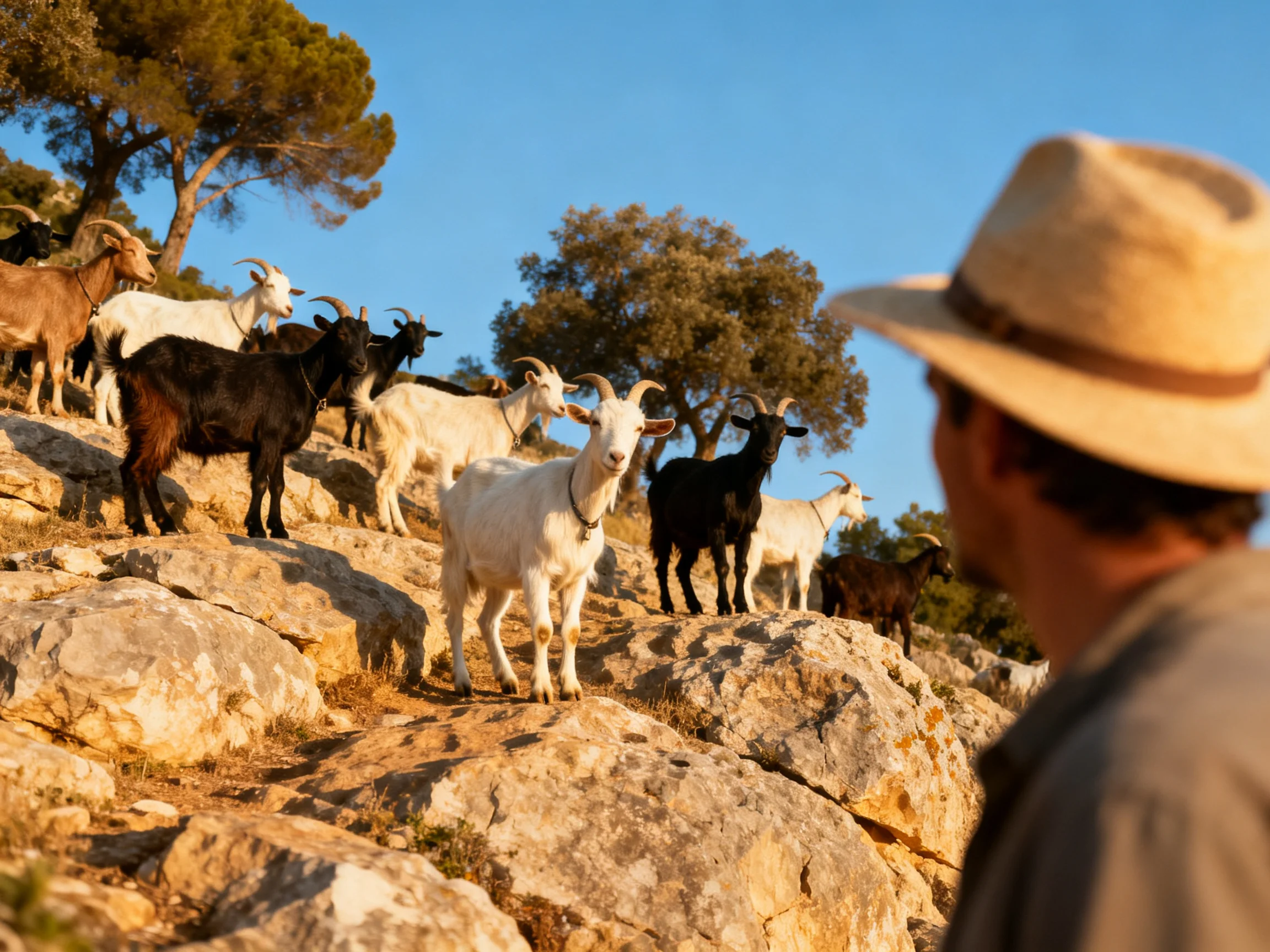 Colorful goats on rocky terrain near a man in a straw hat