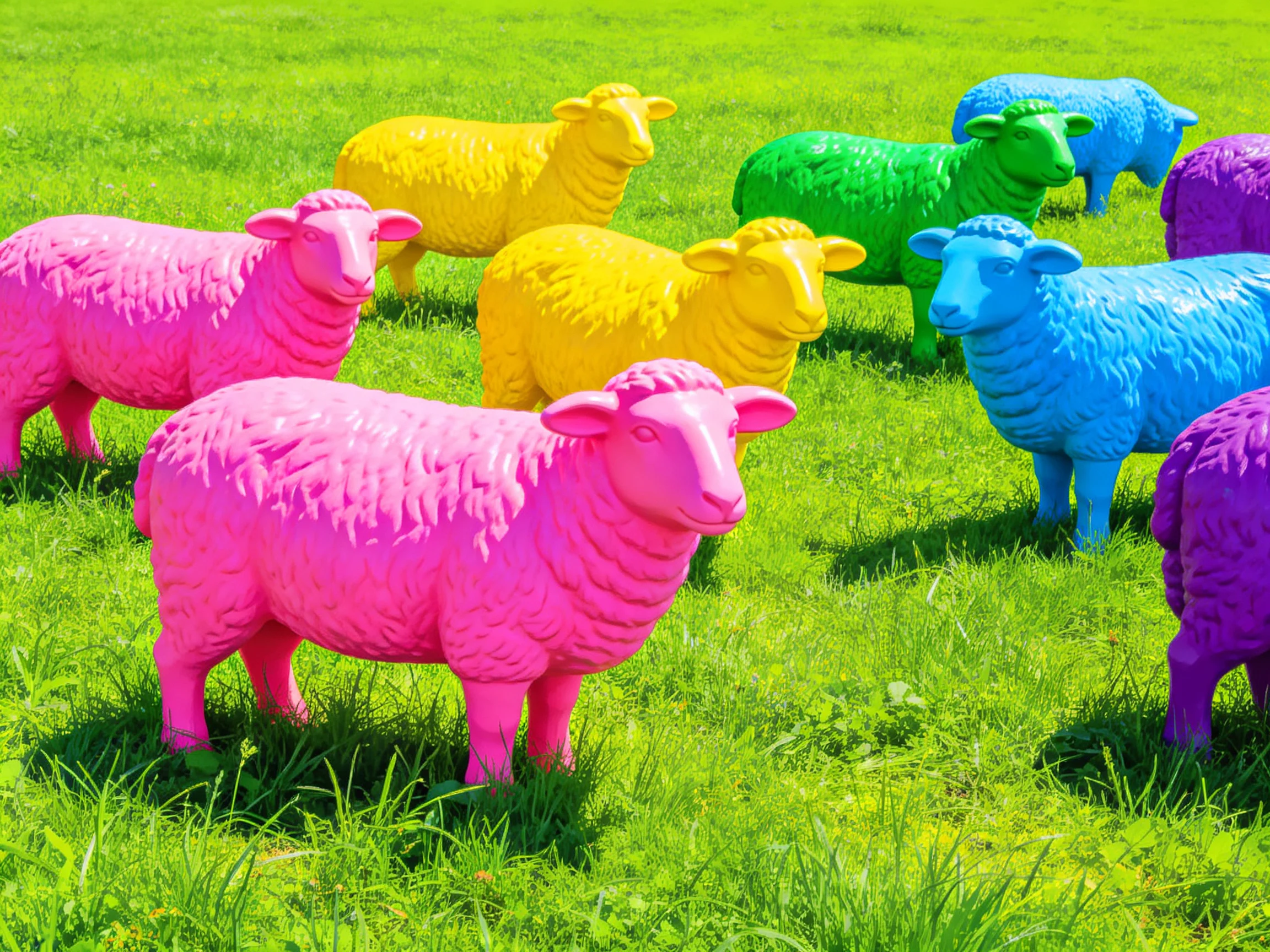 Colorful plastic sheep statues on green grass