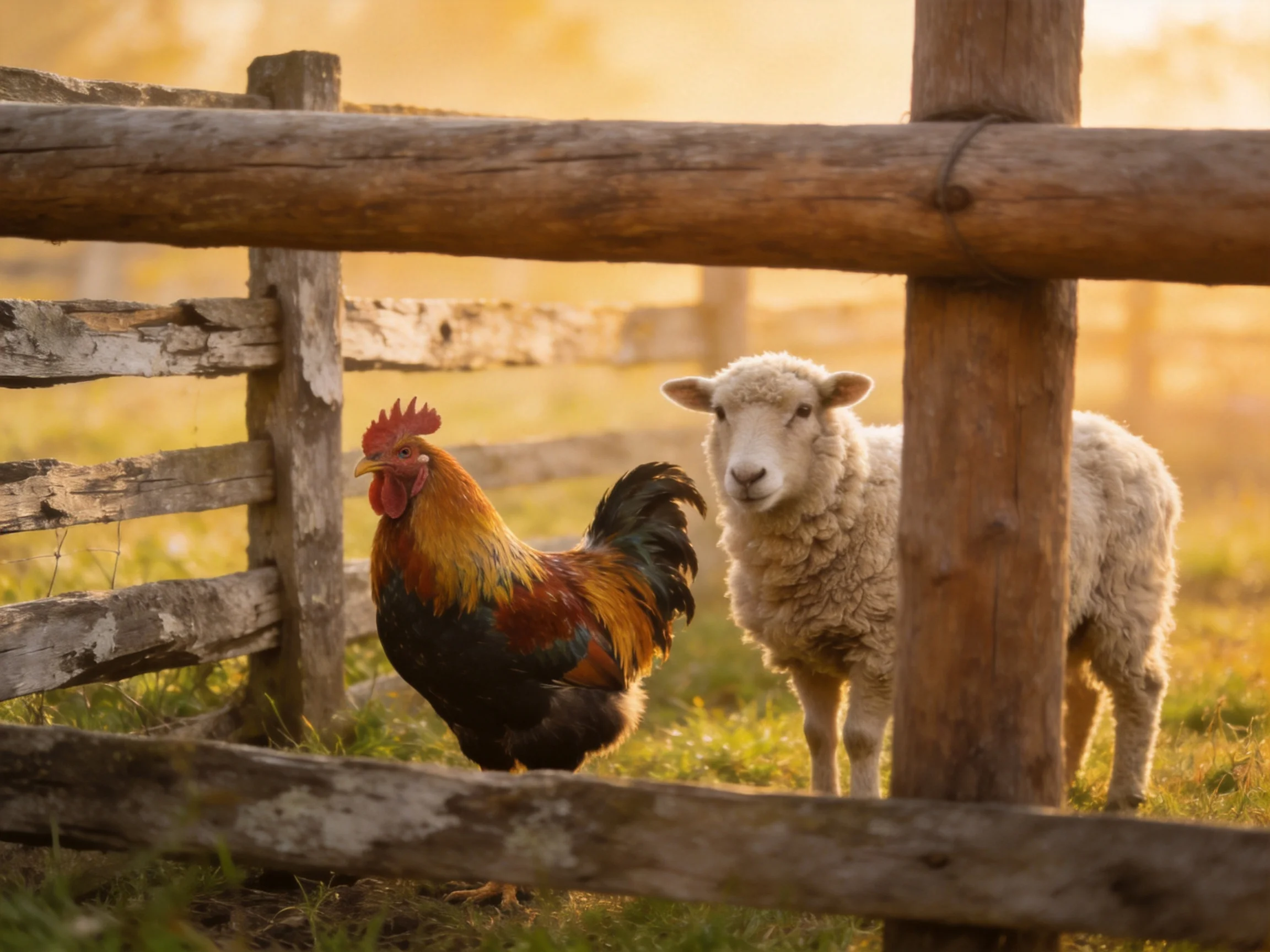Colorful rooster and fluffy sheep near weathered wooden fence