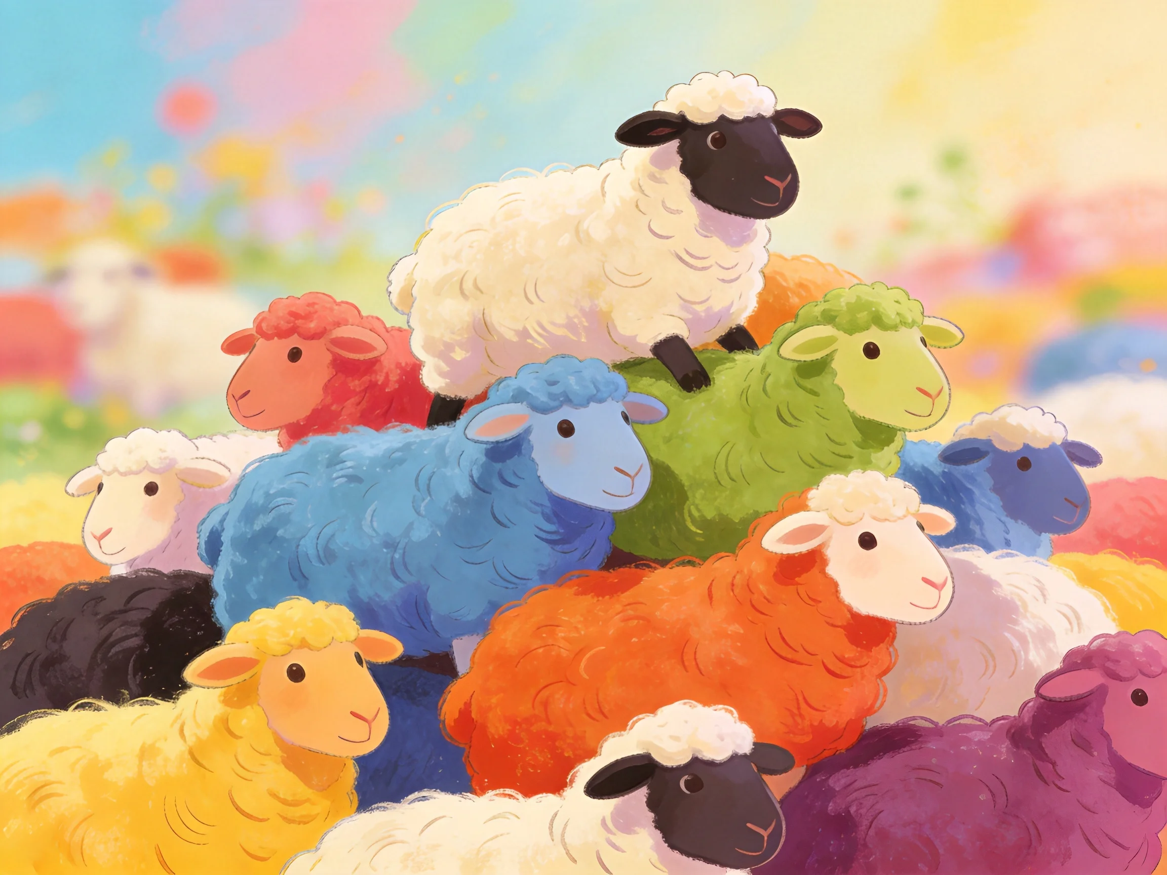Colorful sheep cluster in soft pastel landscape