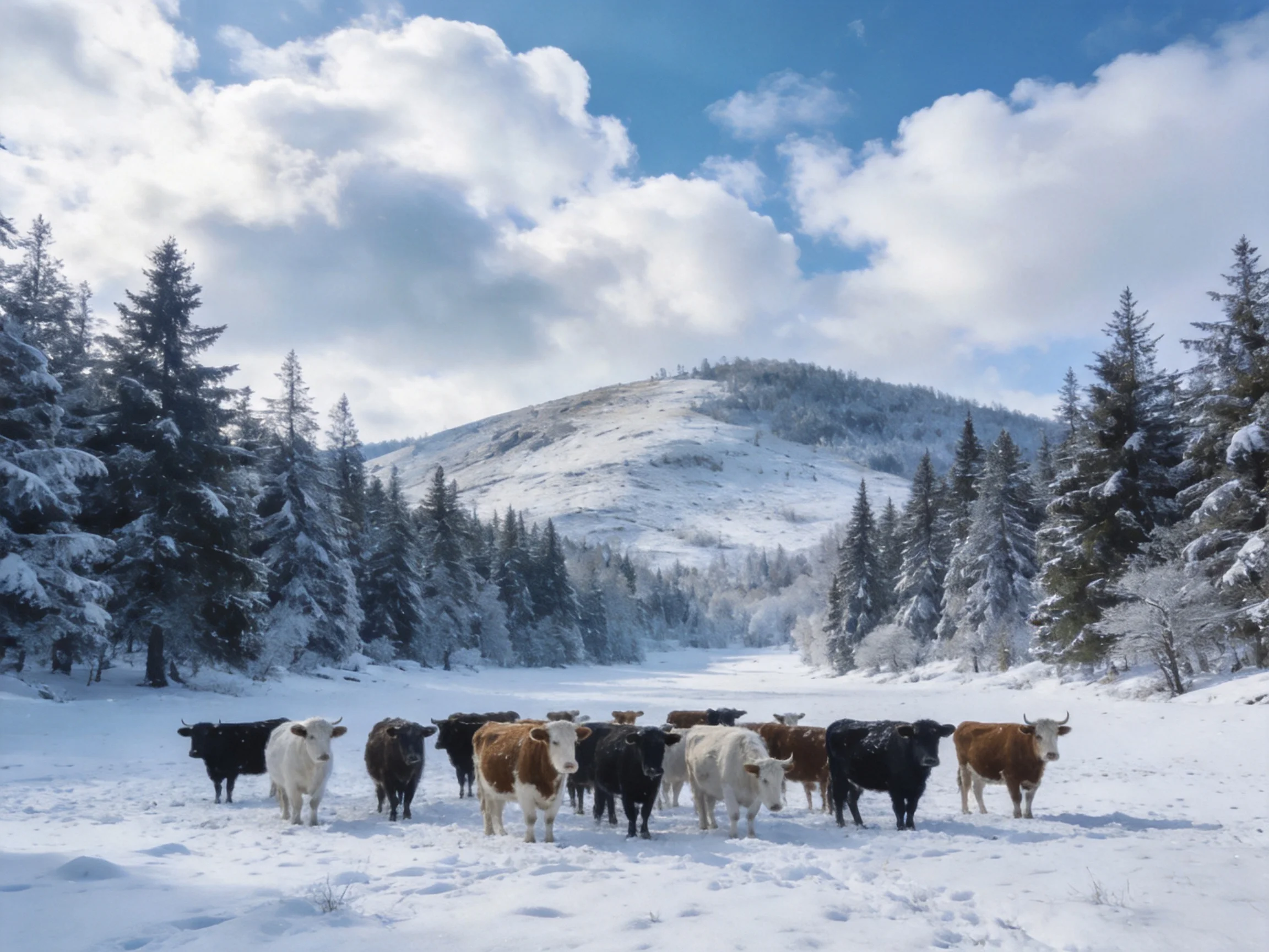 Cows of multiple colors gather in a snow-covered forest clearing near a mountain
