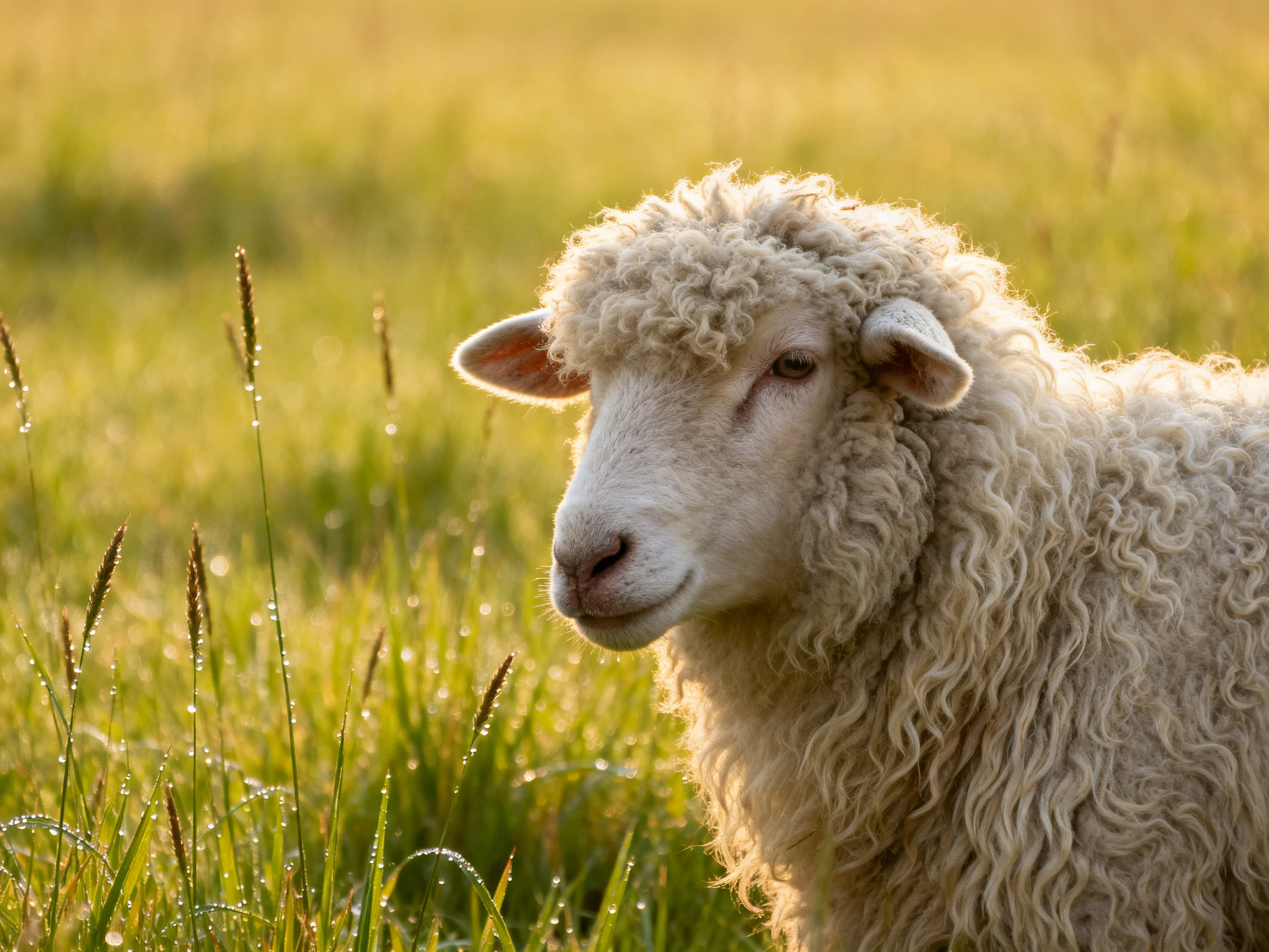 Curly-haired sheep in dewy golden meadow
