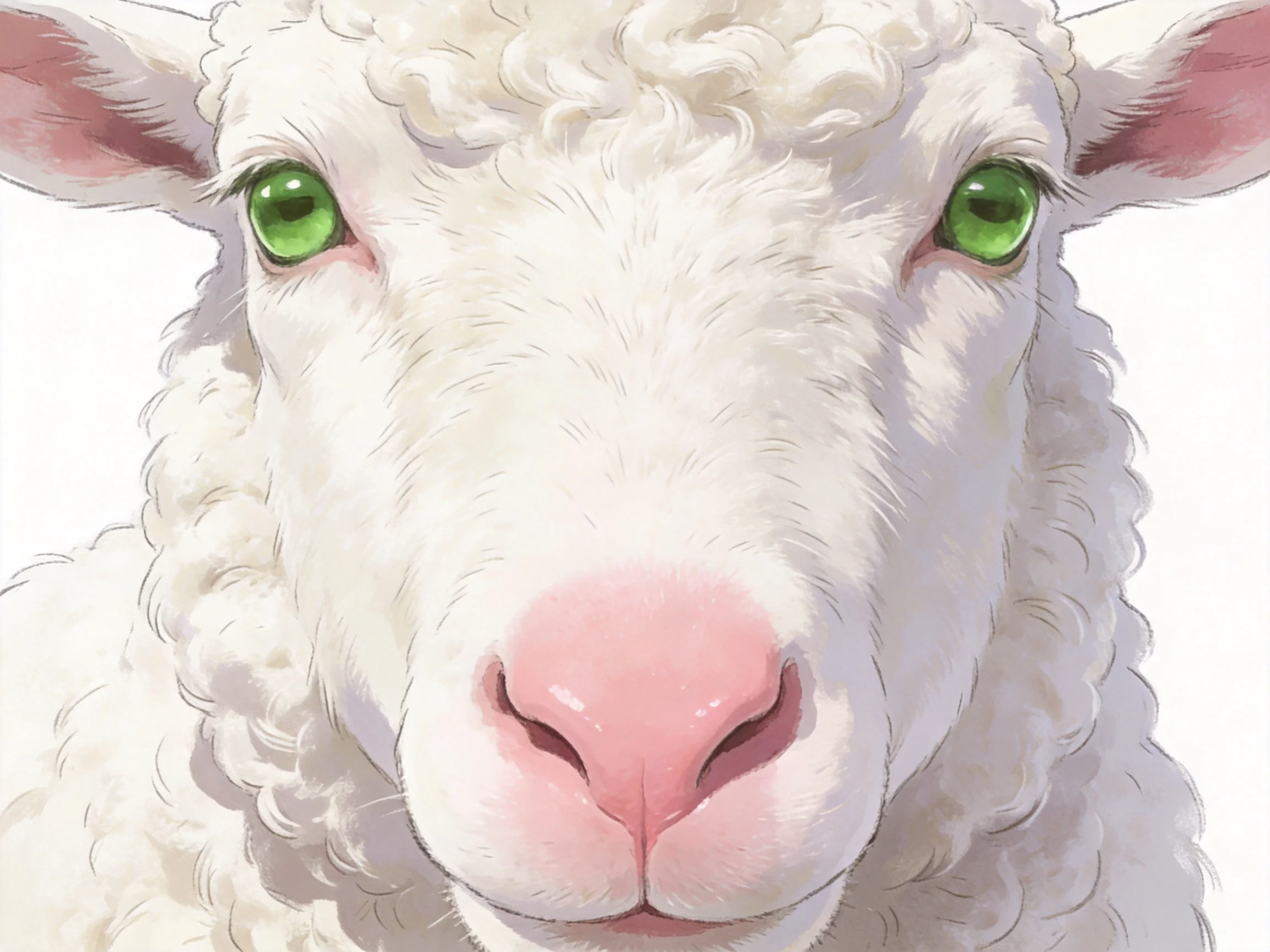 Curly white wool sheep with bright green eyes and pink nose