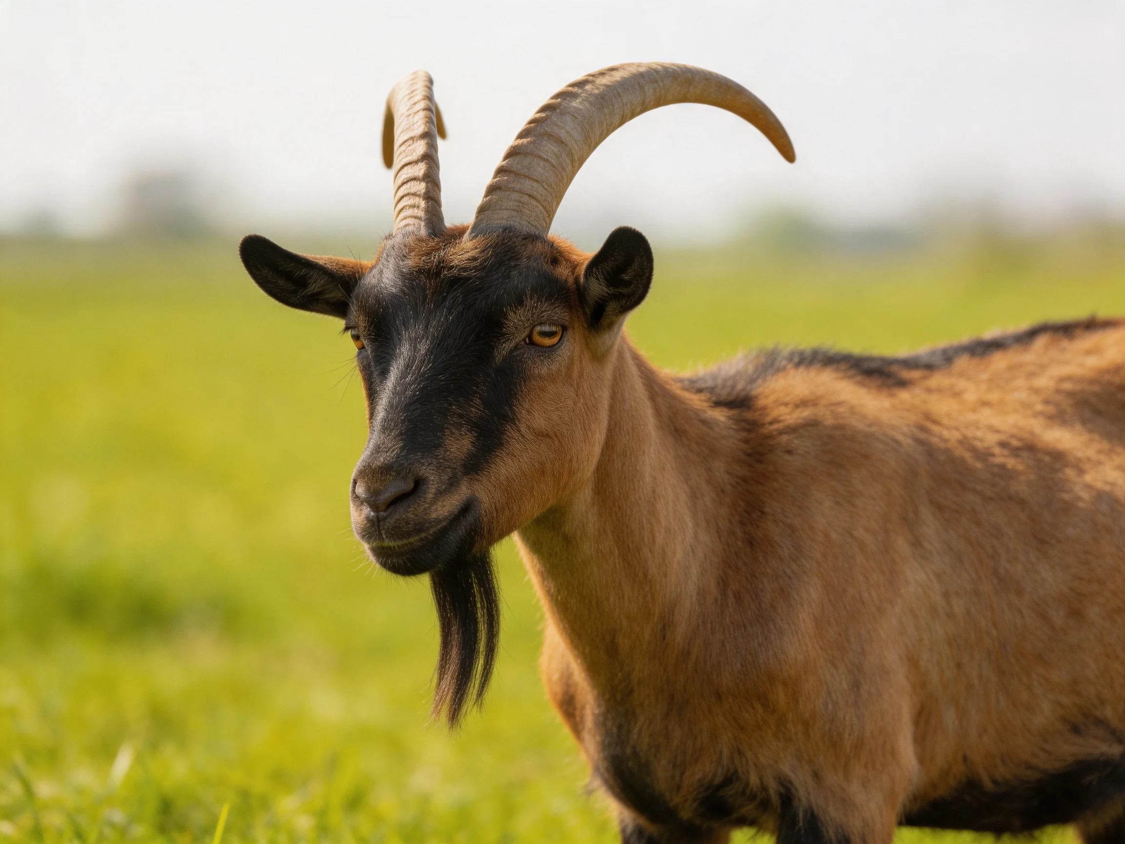 Curved-horned brown goat in sunlit green pasture