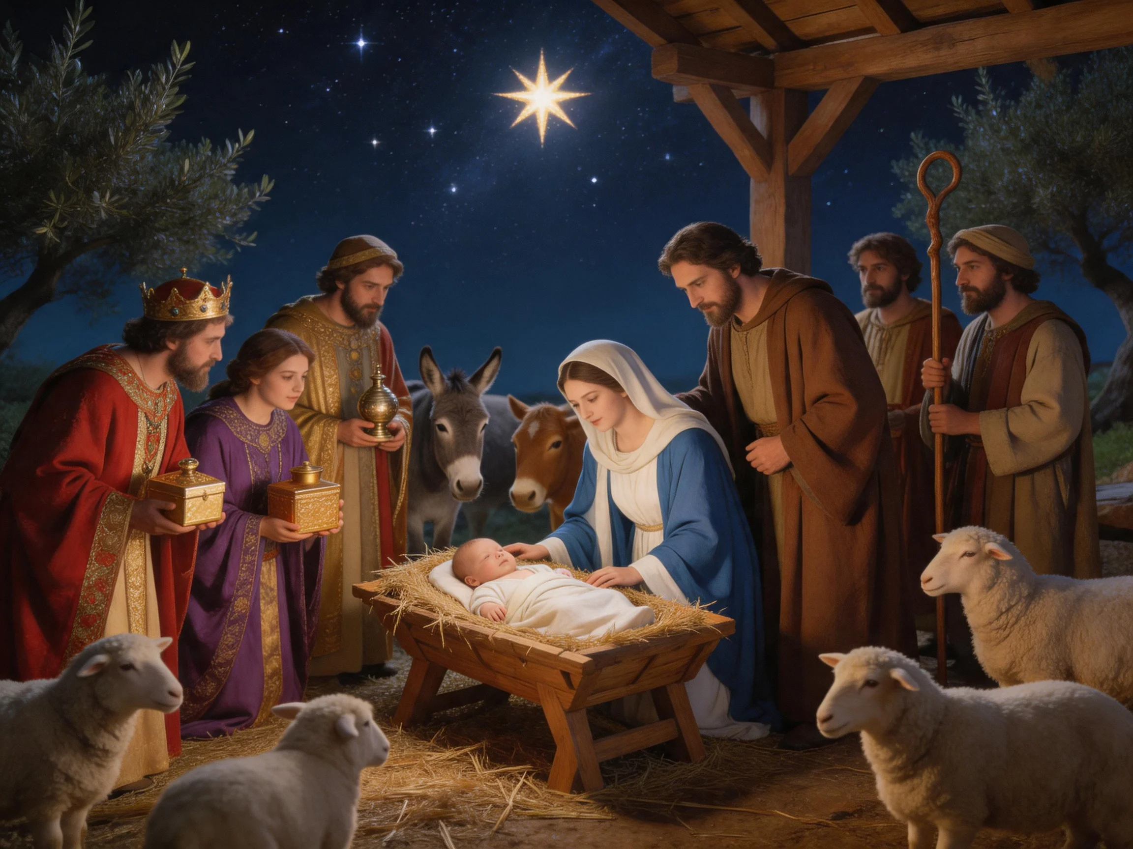 Detailed nativity scene with multiple figures and animals
