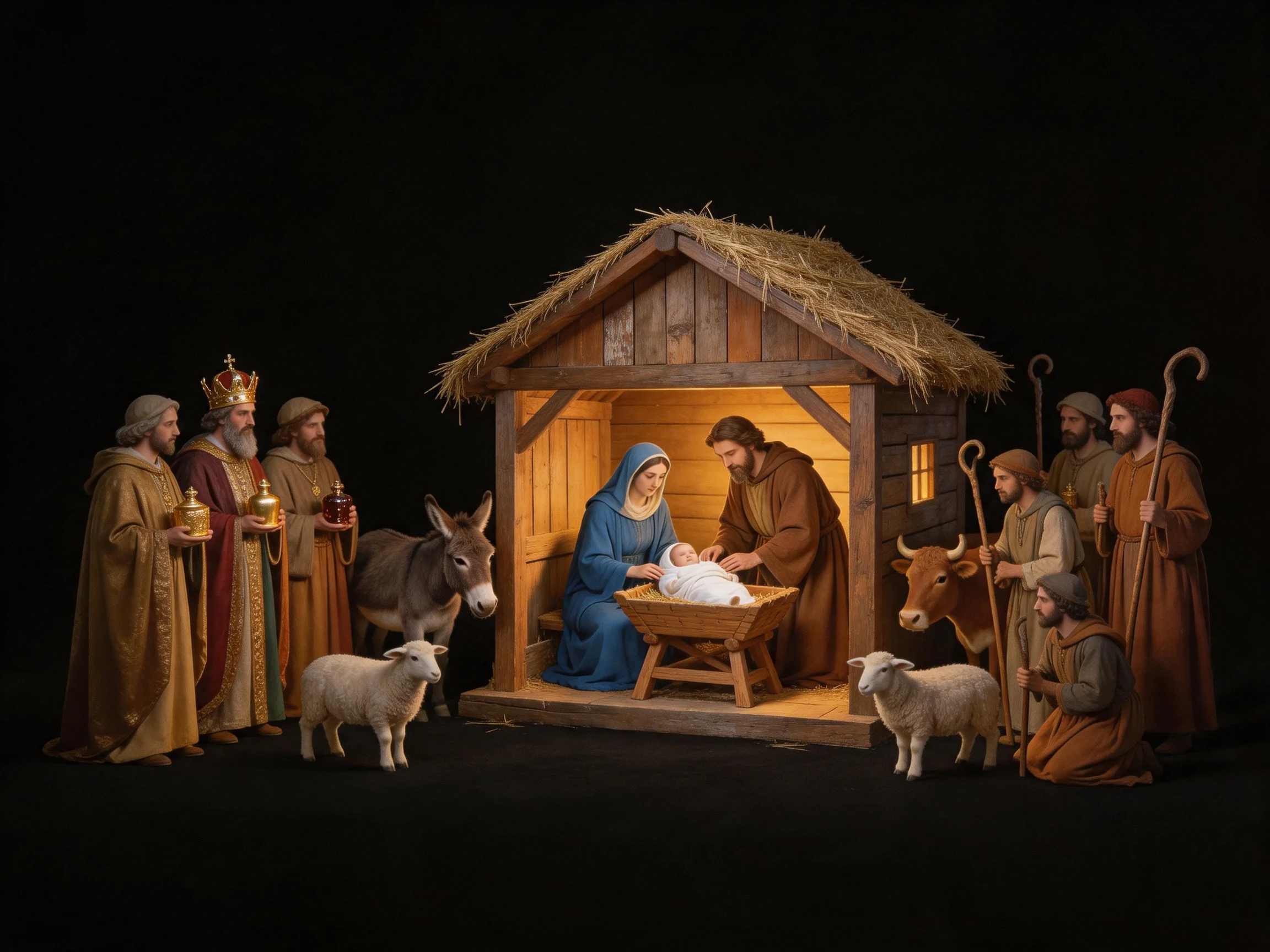Detailed nativity scene with wooden stable and figurines in earthy tones