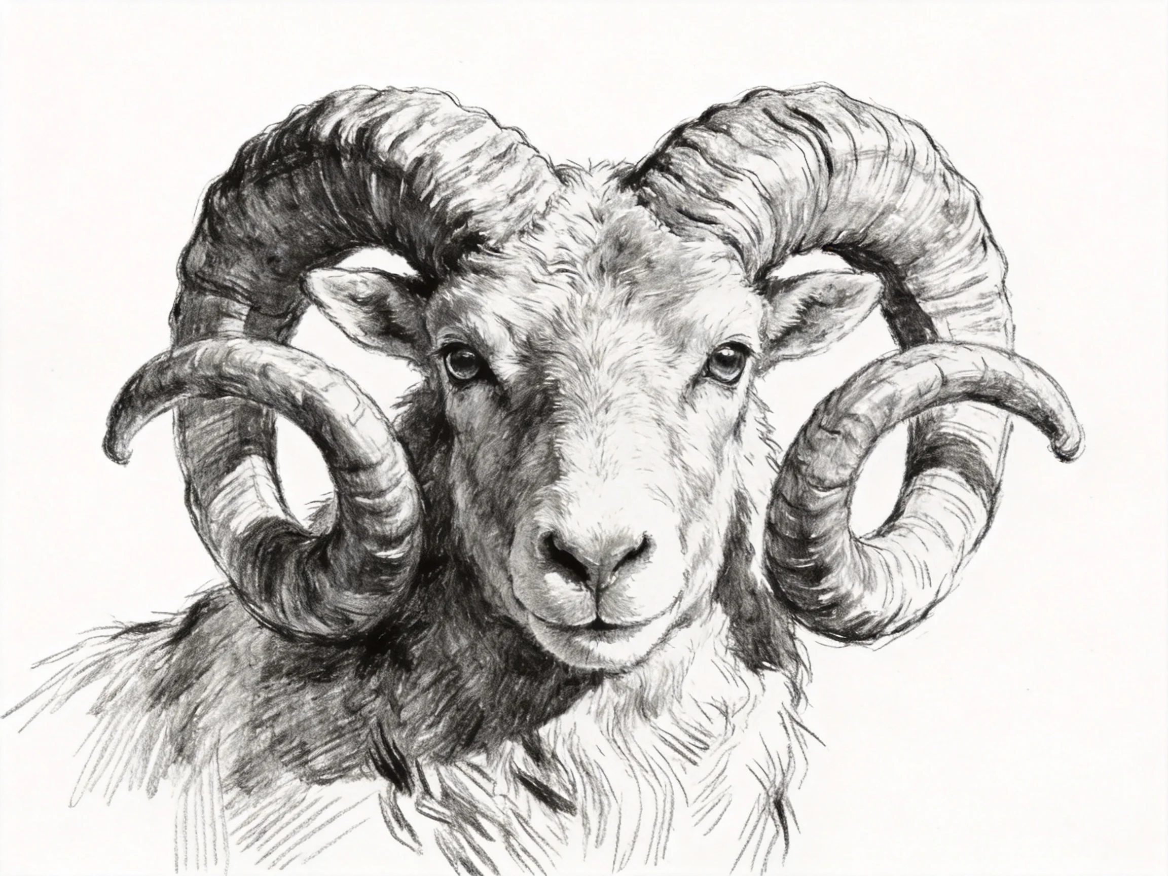 Detailed pencil sketch of a ram with large curved horns