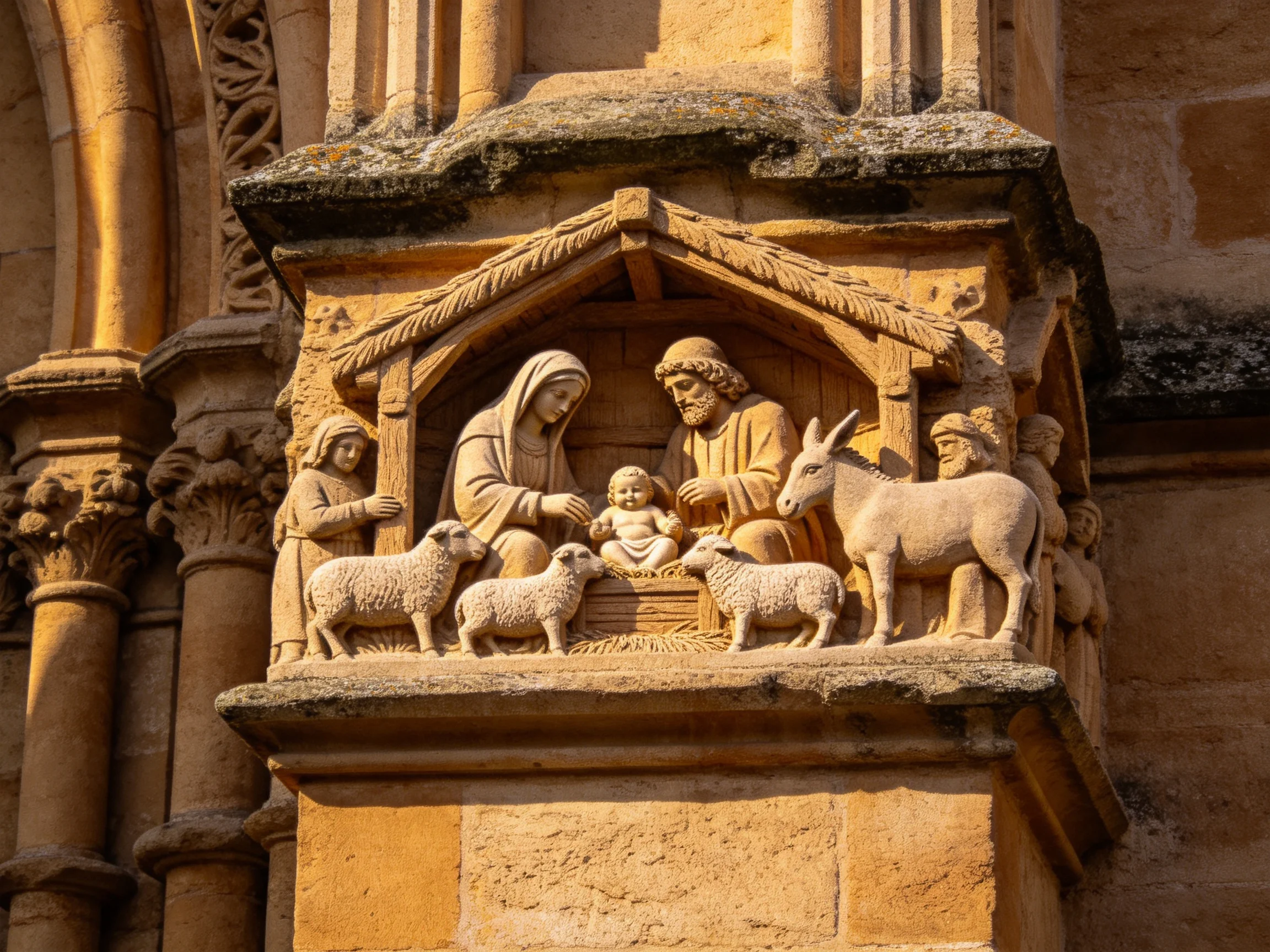Detailed stone nativity relief on historic building facade