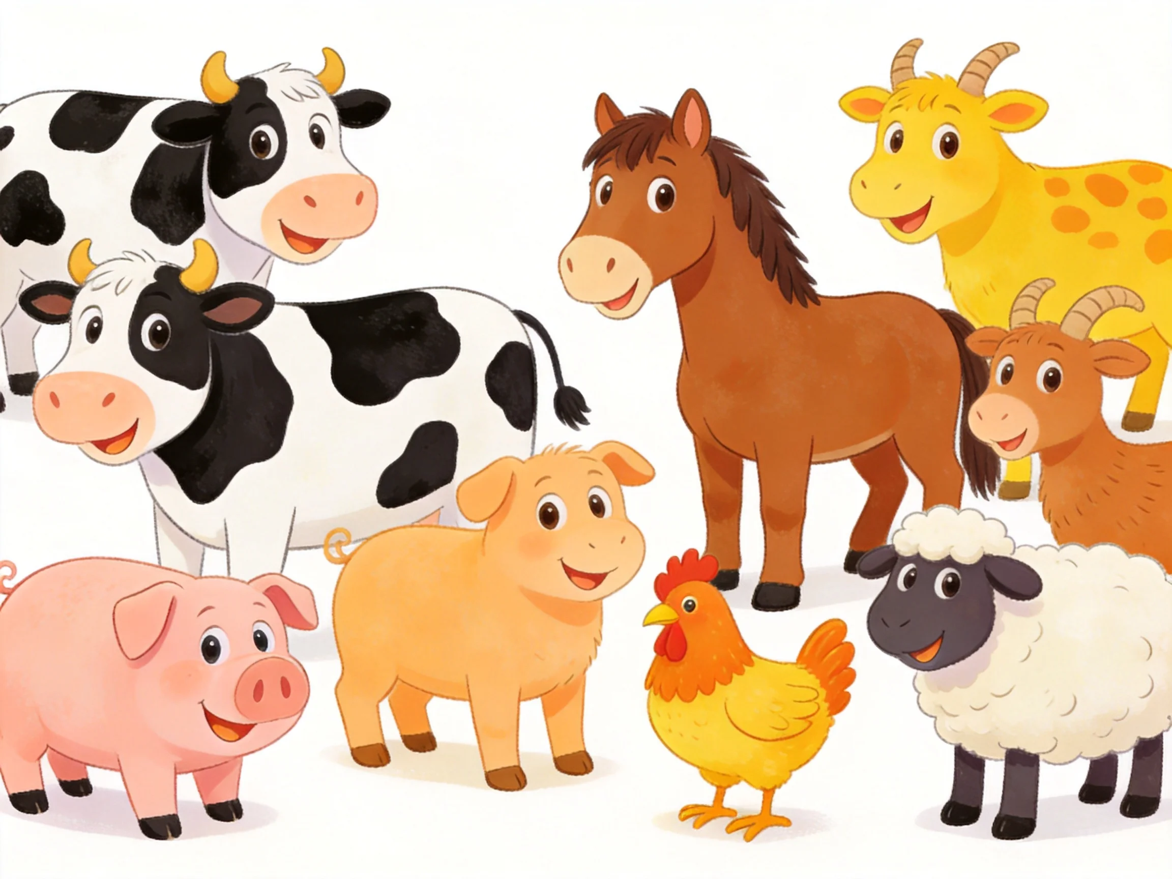 Diverse cartoon farm animals in bright hues