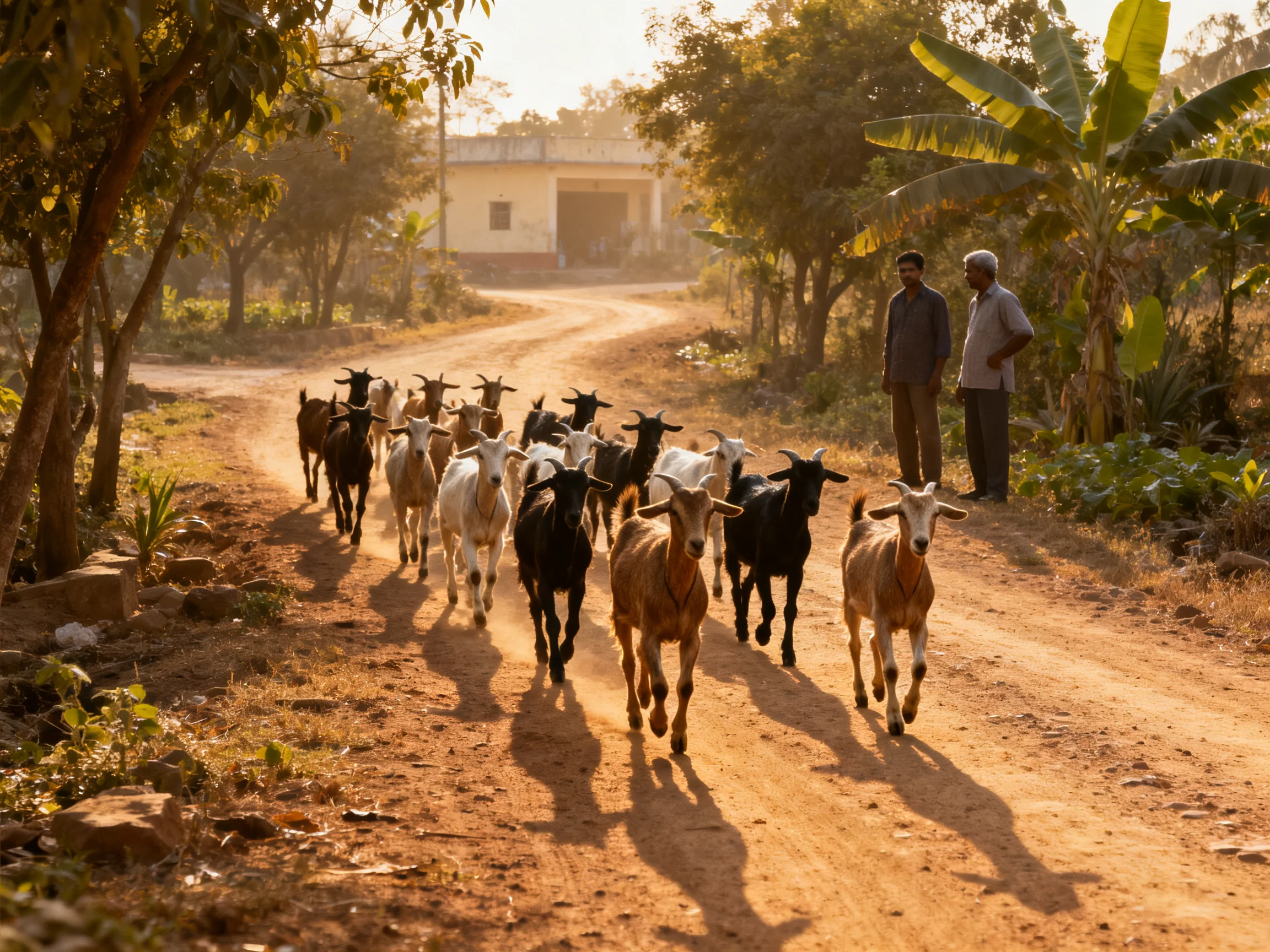 Diverse colored goats herd running on sunlit dirt road