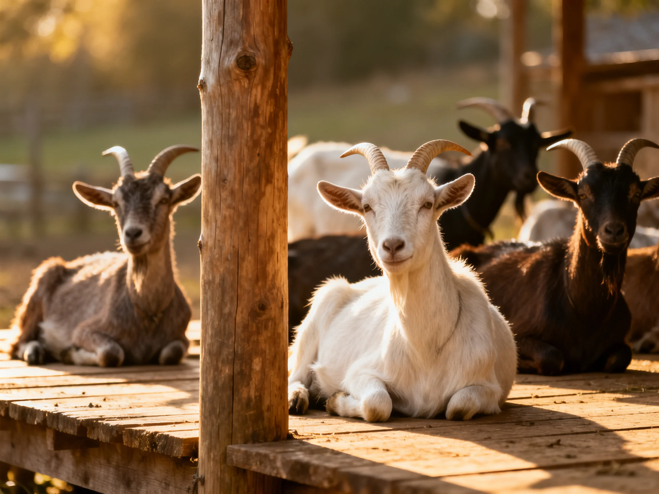 Diverse-colored goats rest on a wooden platform in sunlight