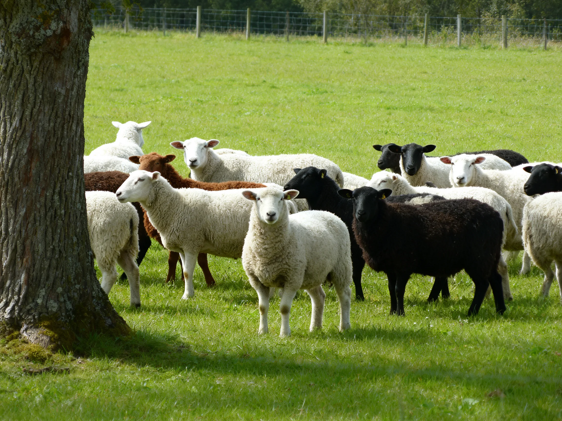 Diverse flock of sheep in green pasture near large tree