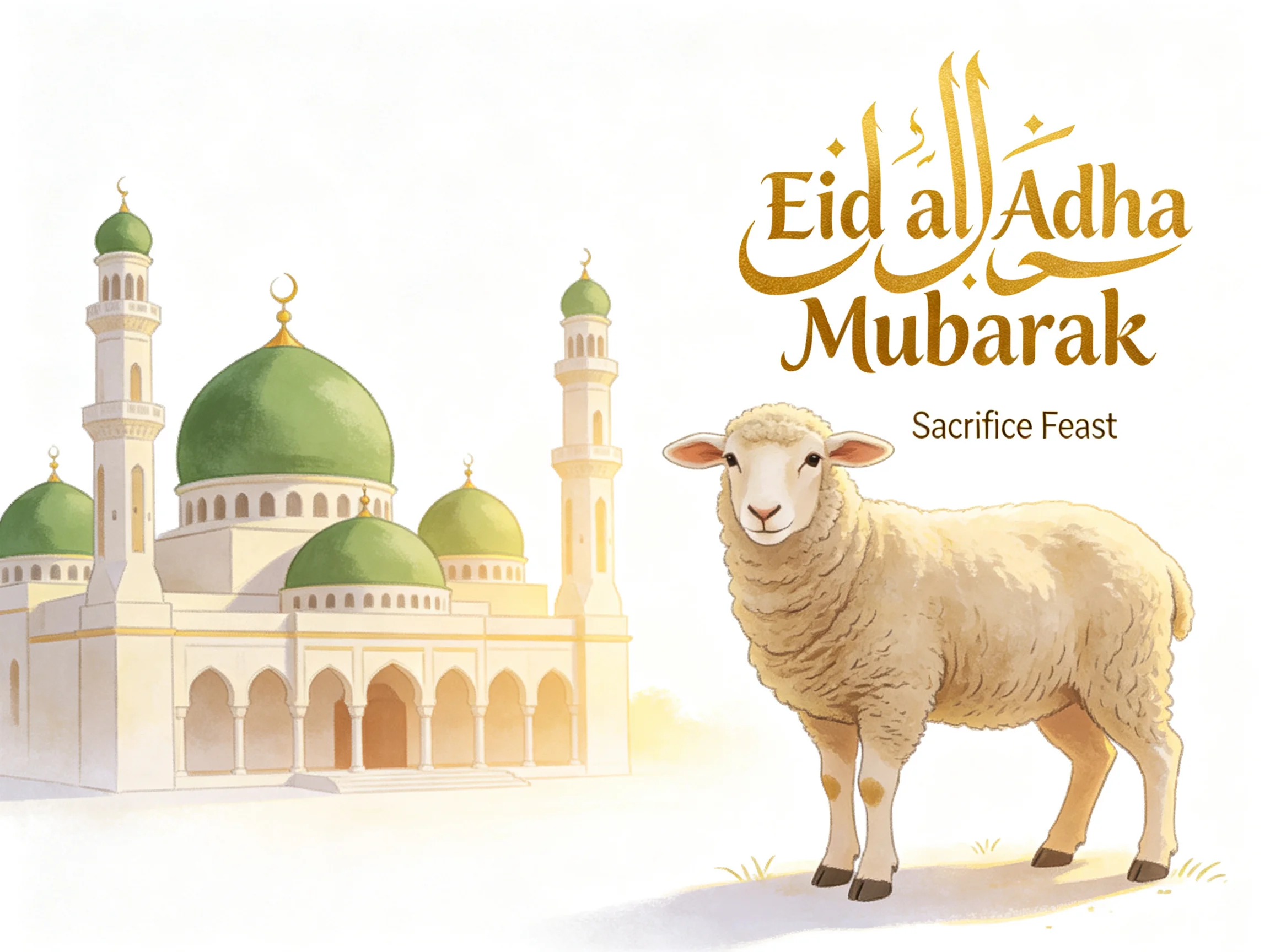 Eid al Adha illustration with green-domed mosque and sheep