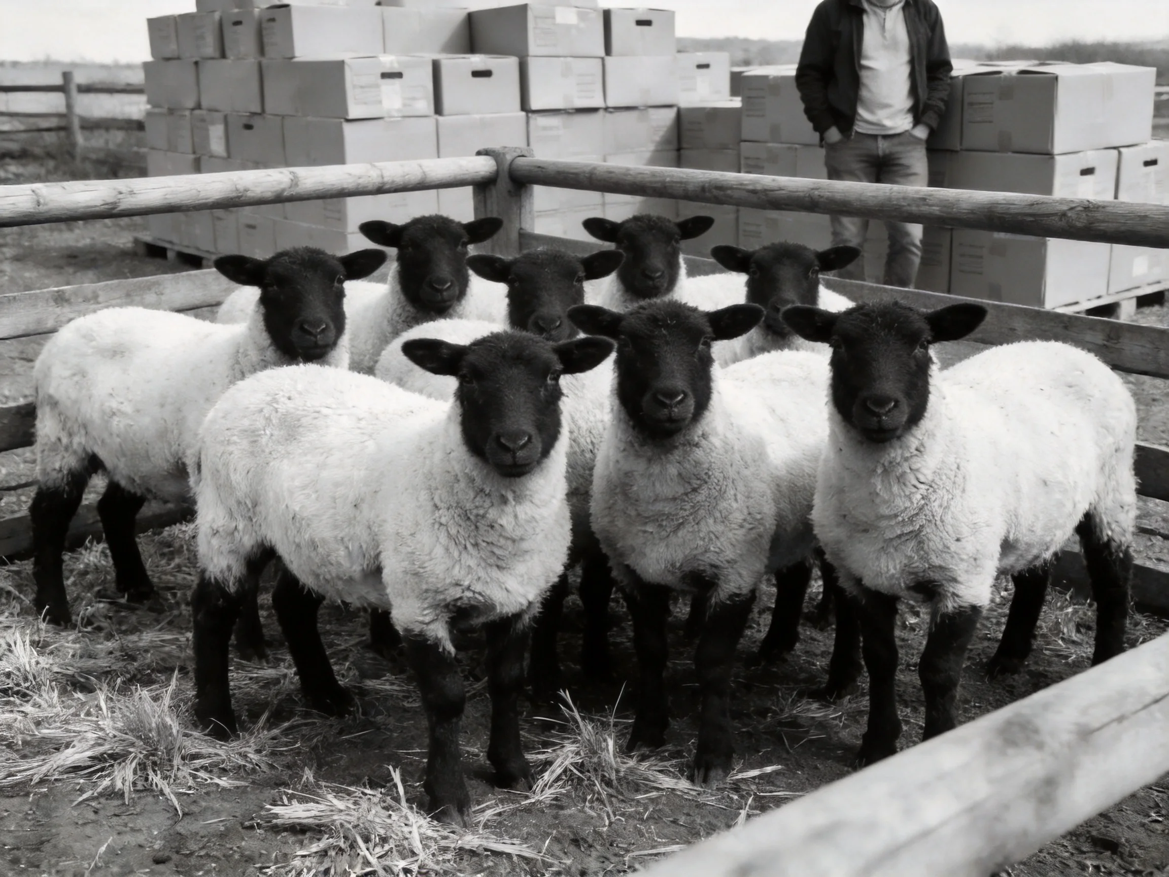 Eight black-faced lambs gathered beside stacked cardboard boxes