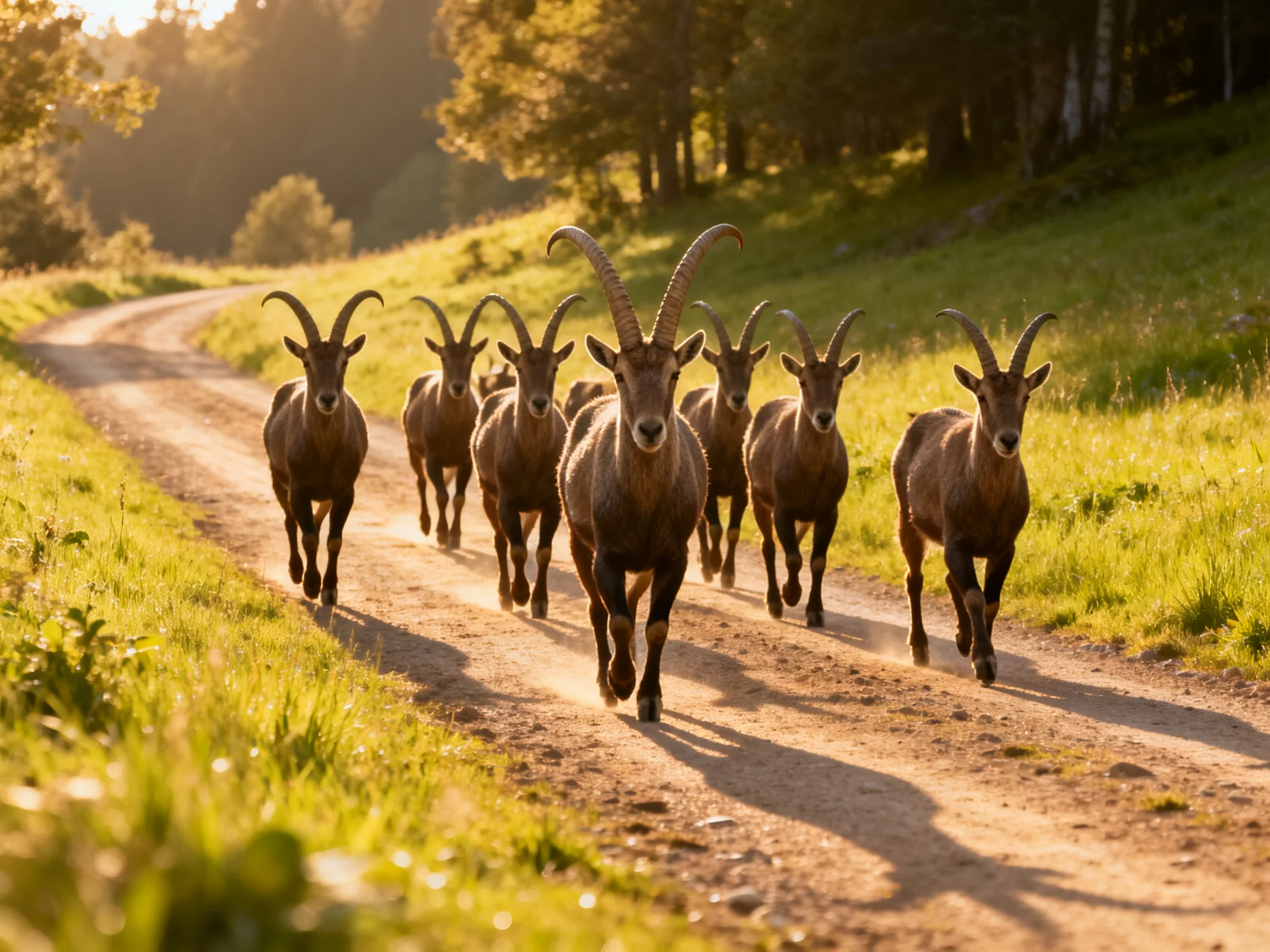 Eight horned goats run along a sunlit dirt path
