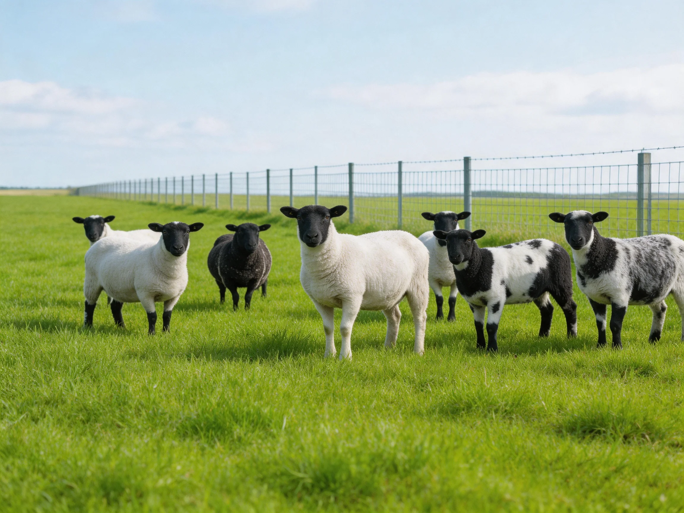 Eight sheep with mixed black and white coats graze in a green pasture beside a long fence