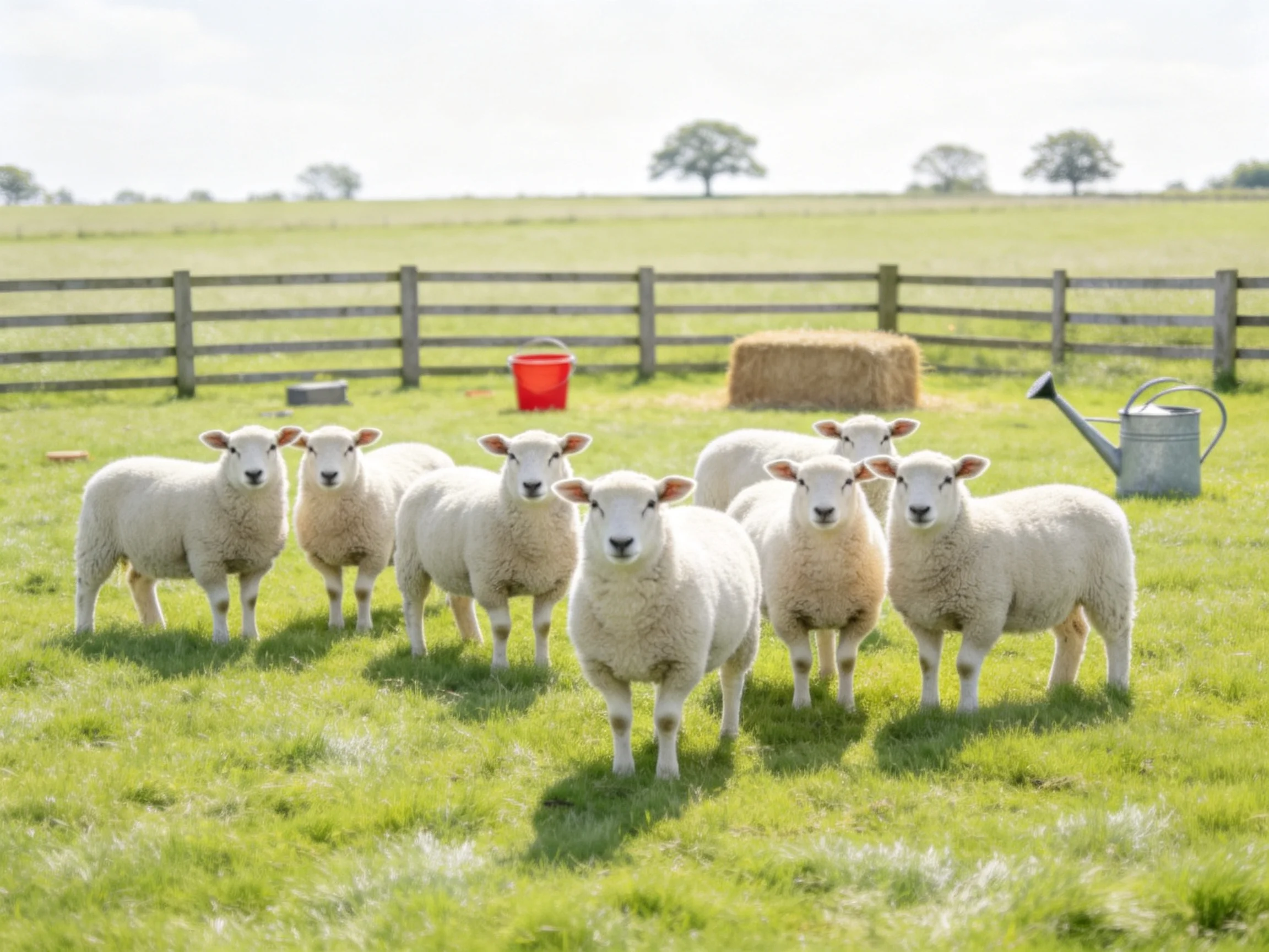 Eight white lambs gathered in a green pasture with farm equipment