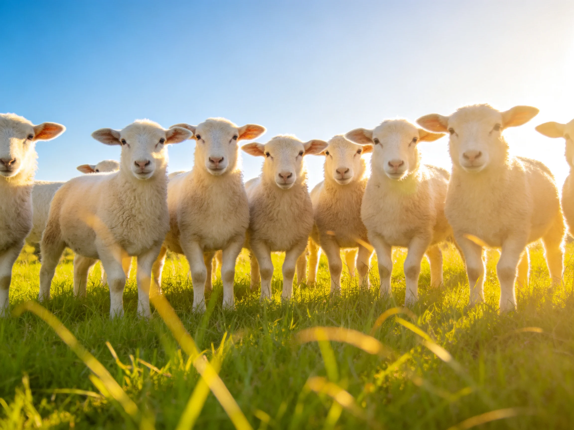 Eight white lambs gathered in a sunlit green meadow