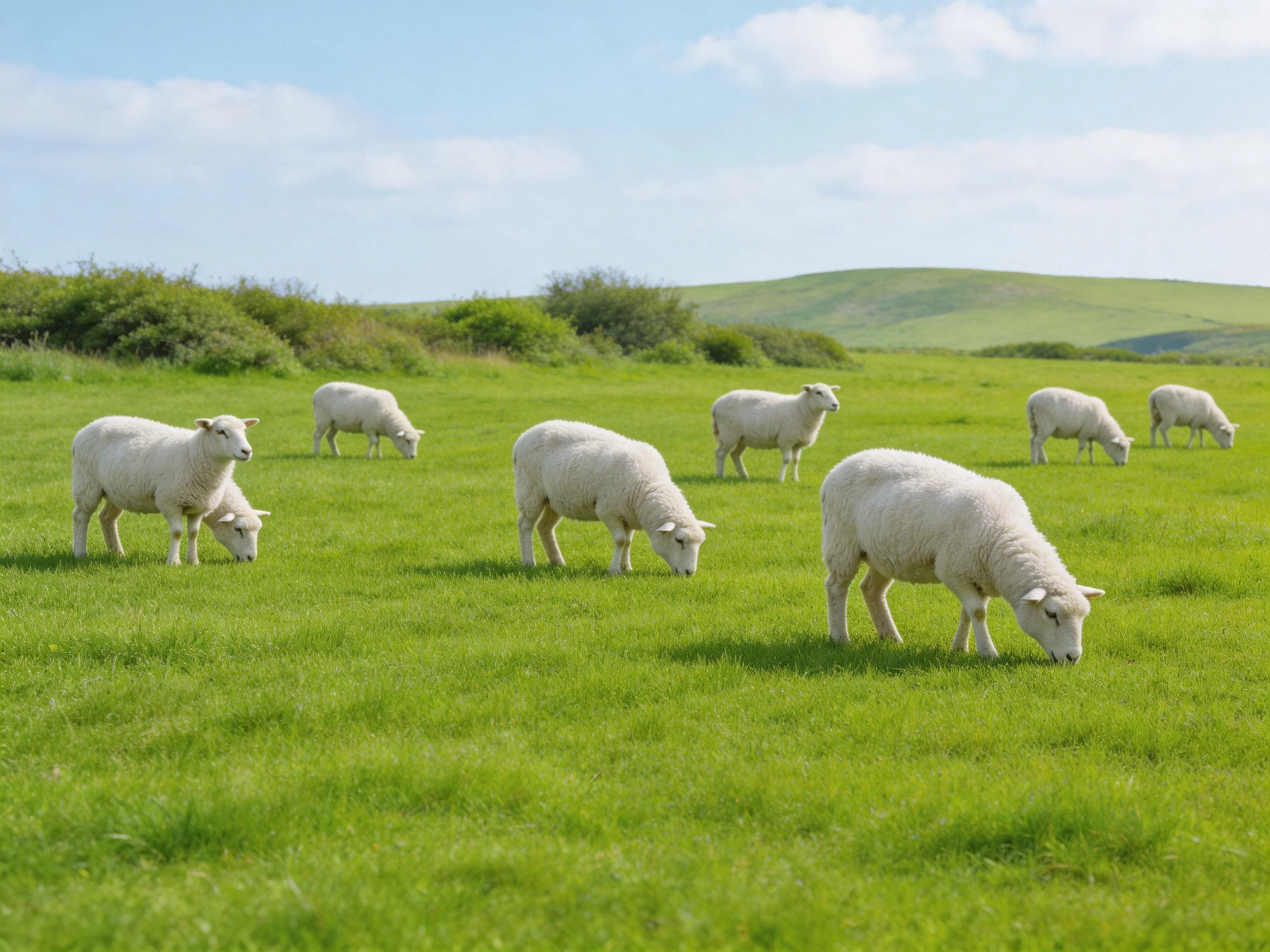 Eight white sheep grazing in a lush green pasture with rolling hills
